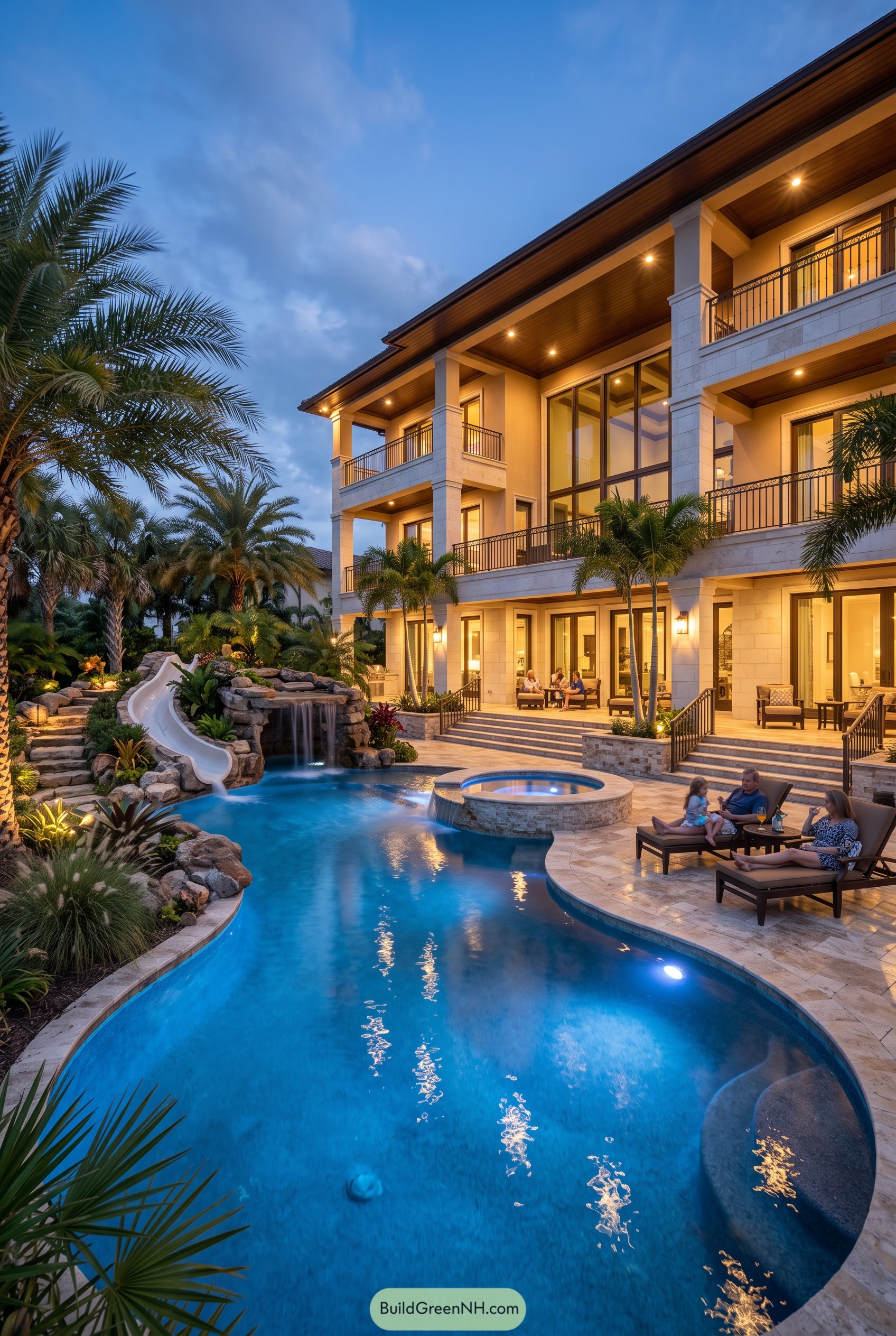 Tropical estate with balconies pool and slide