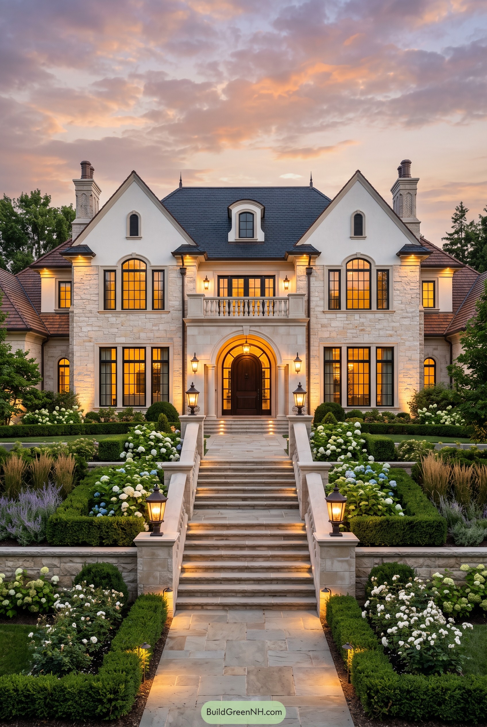 Stone chateau with formal gardens at dusk