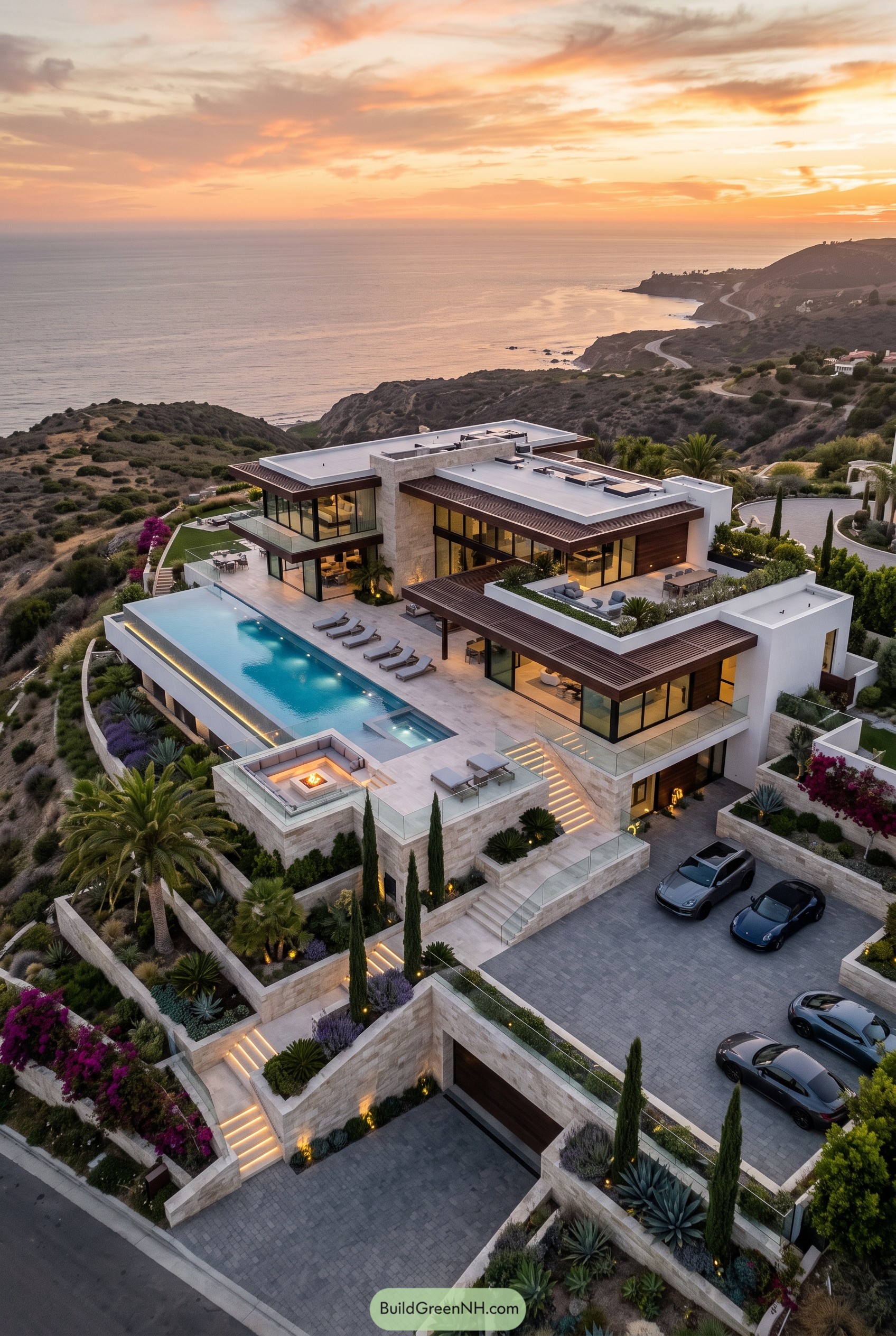 Modern coastal villa with infinity pool at sunset