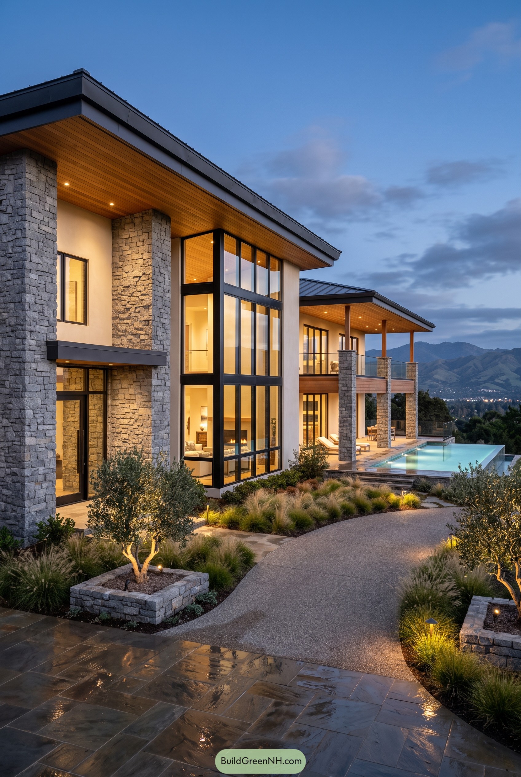Modern stone and glass hillside house with pool