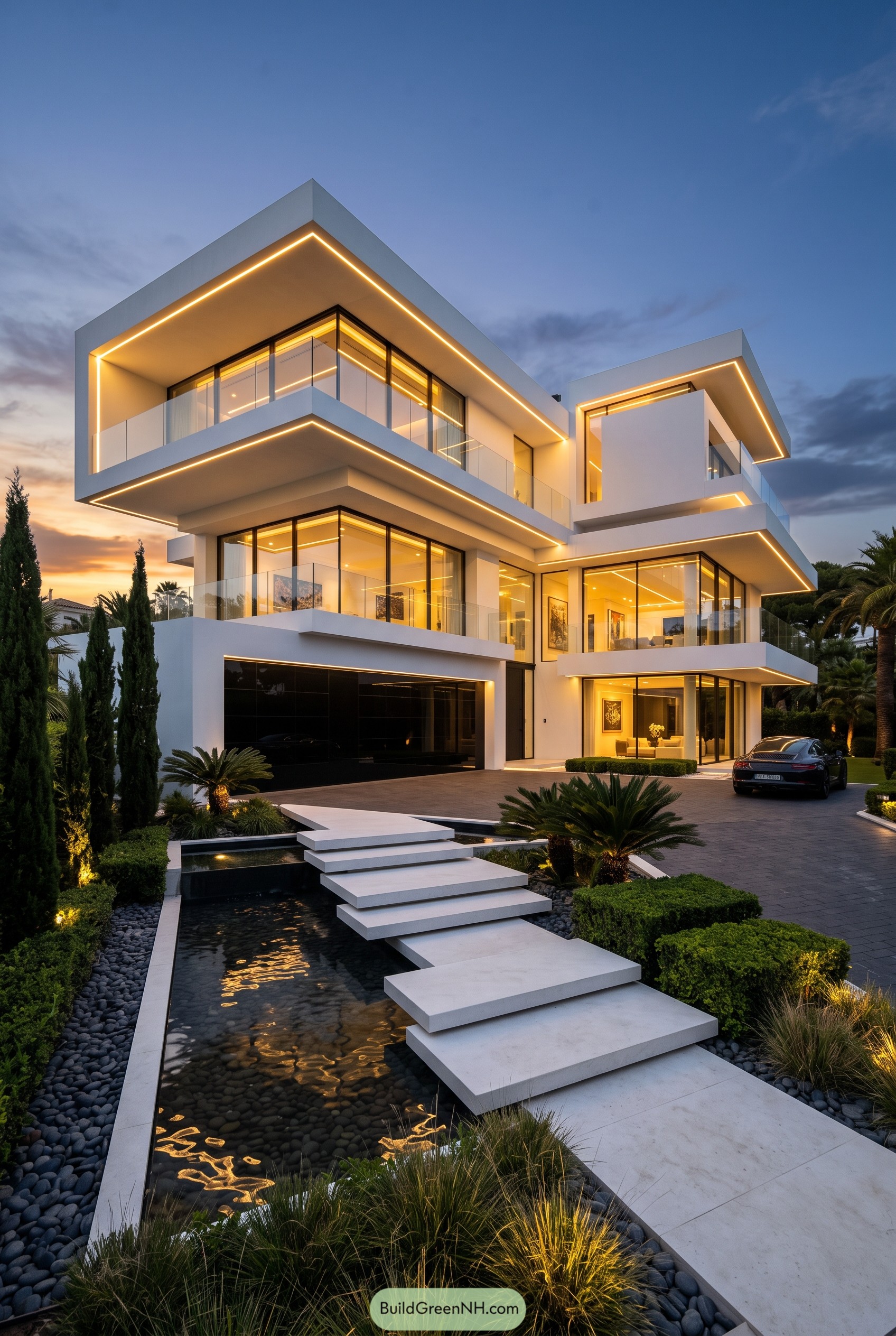 White cantilevered villa beside reflecting pool