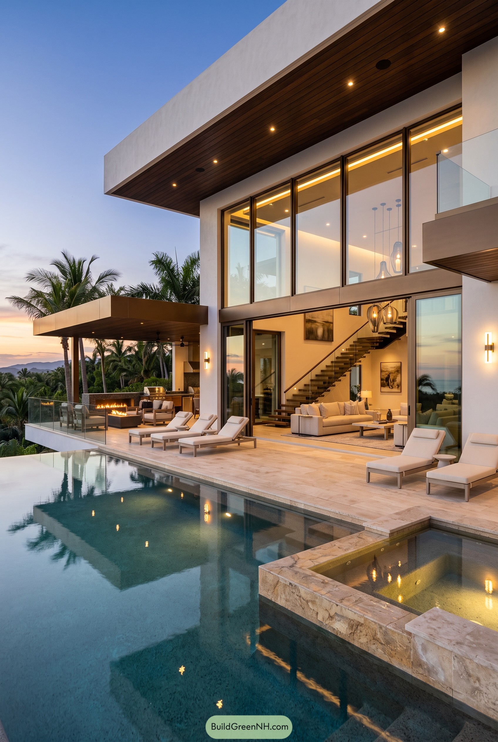 Modern glass villa with pool and terrace