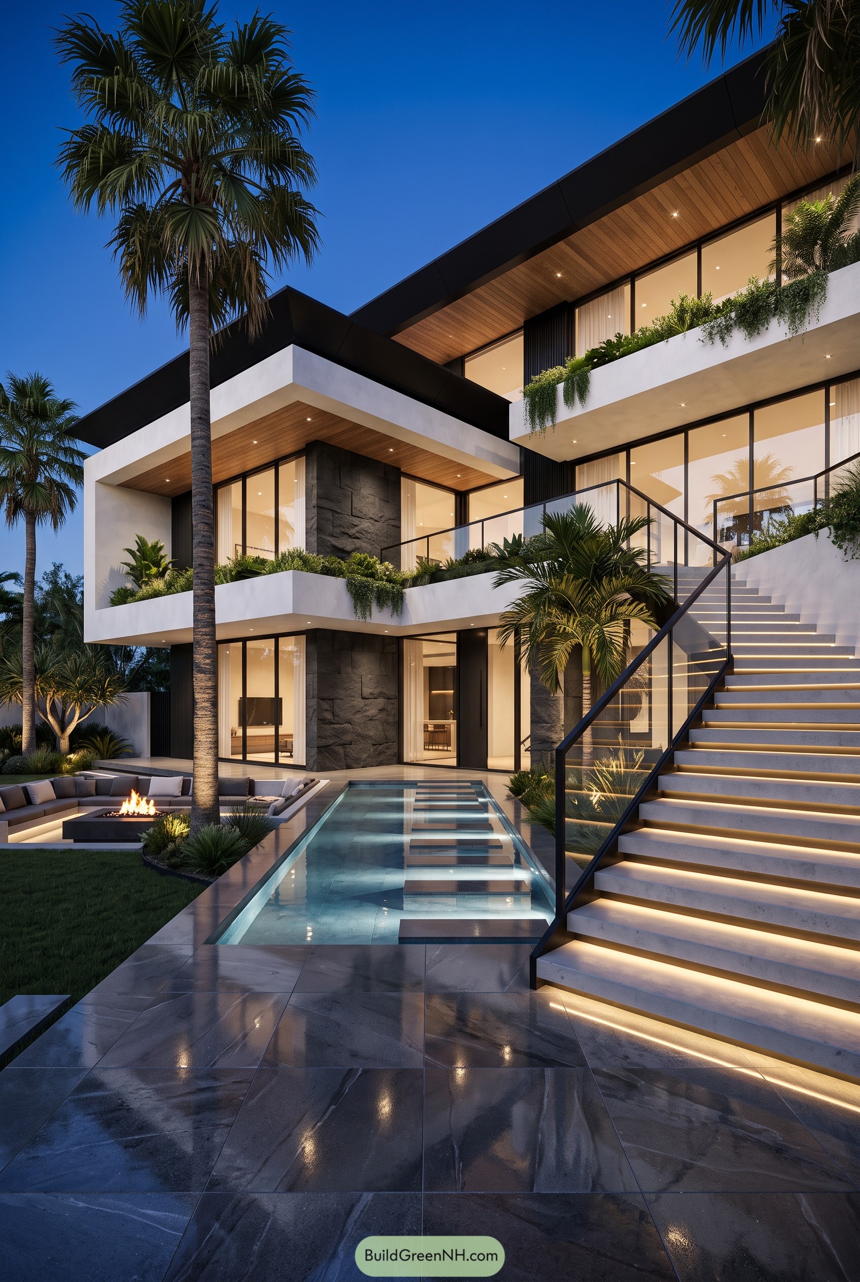 Modern tropical villa with pool and illuminated stairs