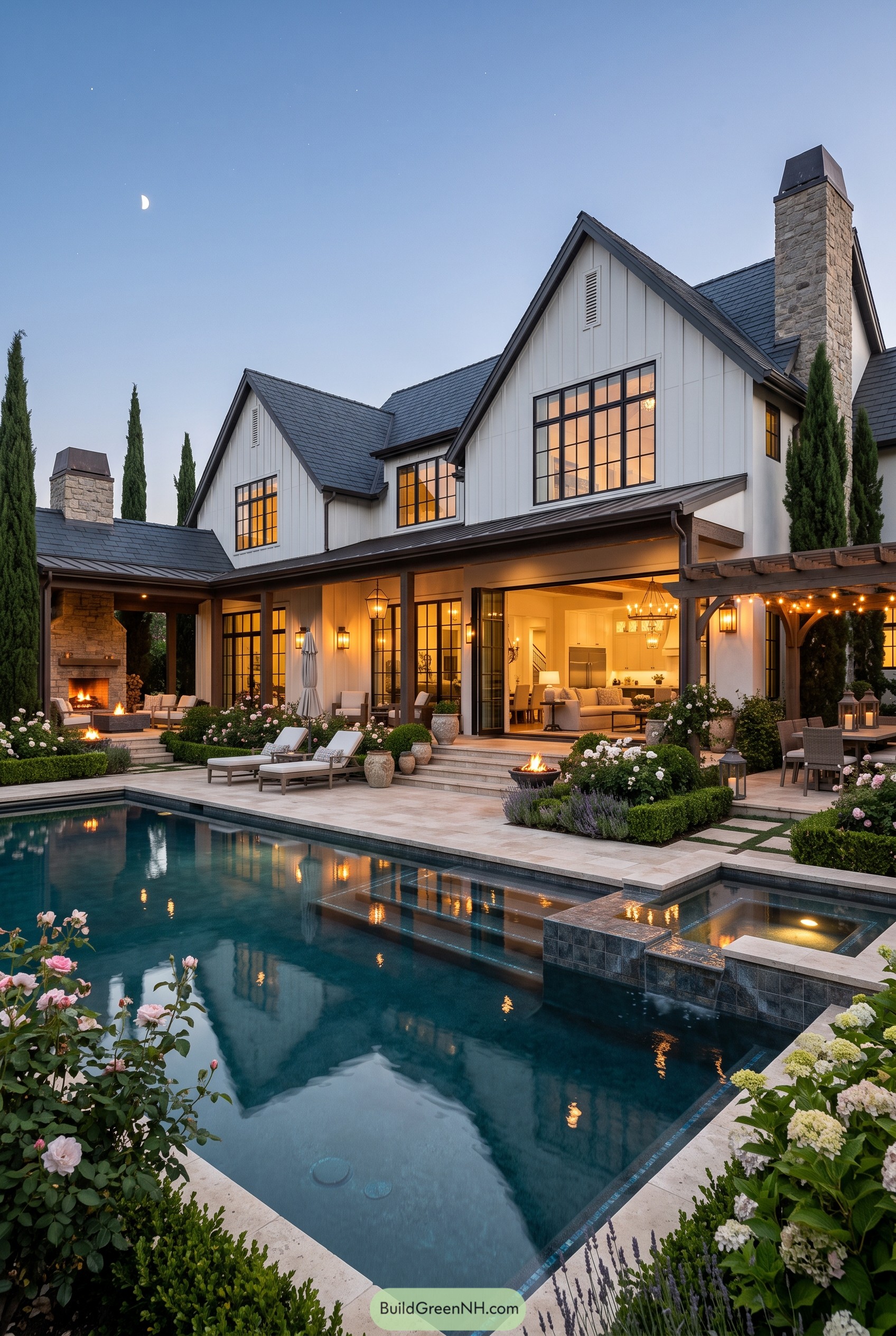 Luxury farmhouse with pool and garden at dusk