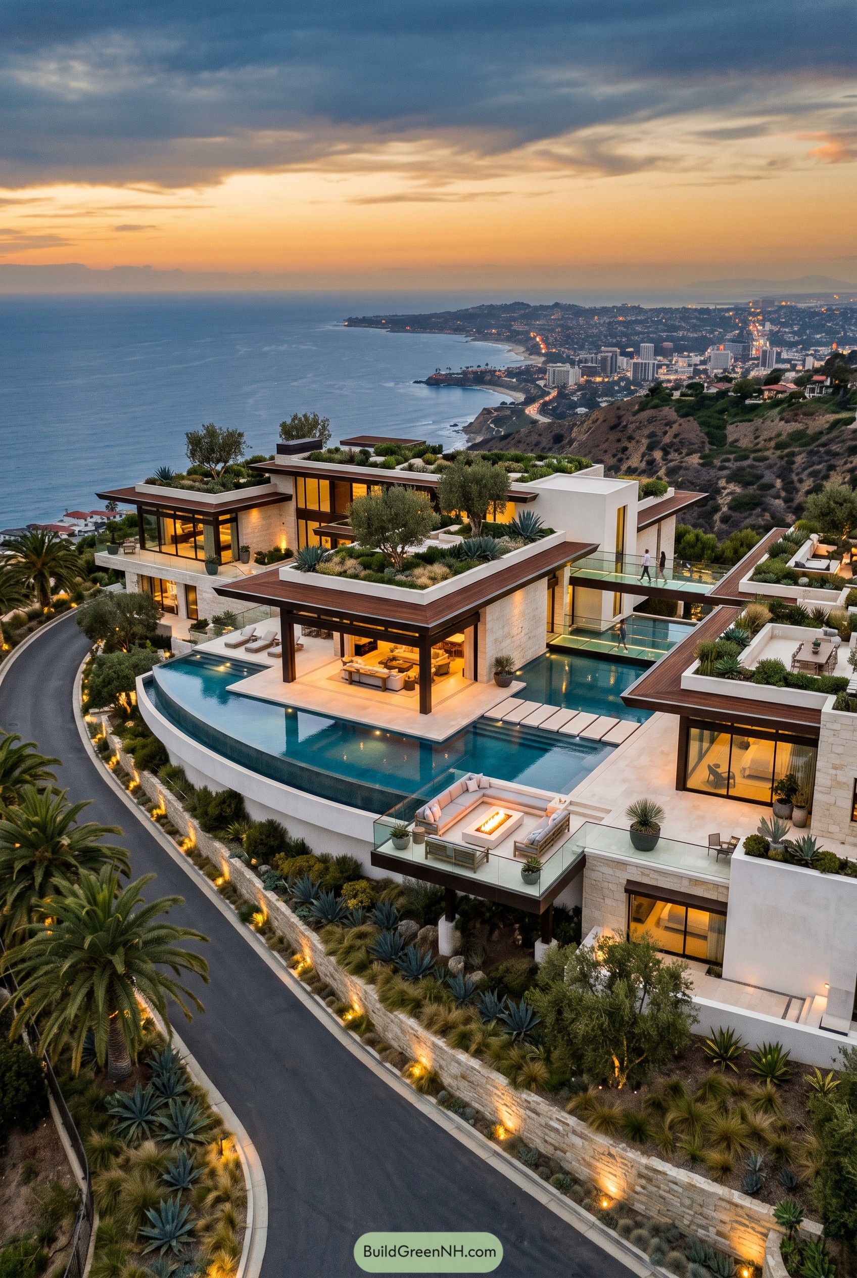 Coastal hillside villa with rooftop gardens