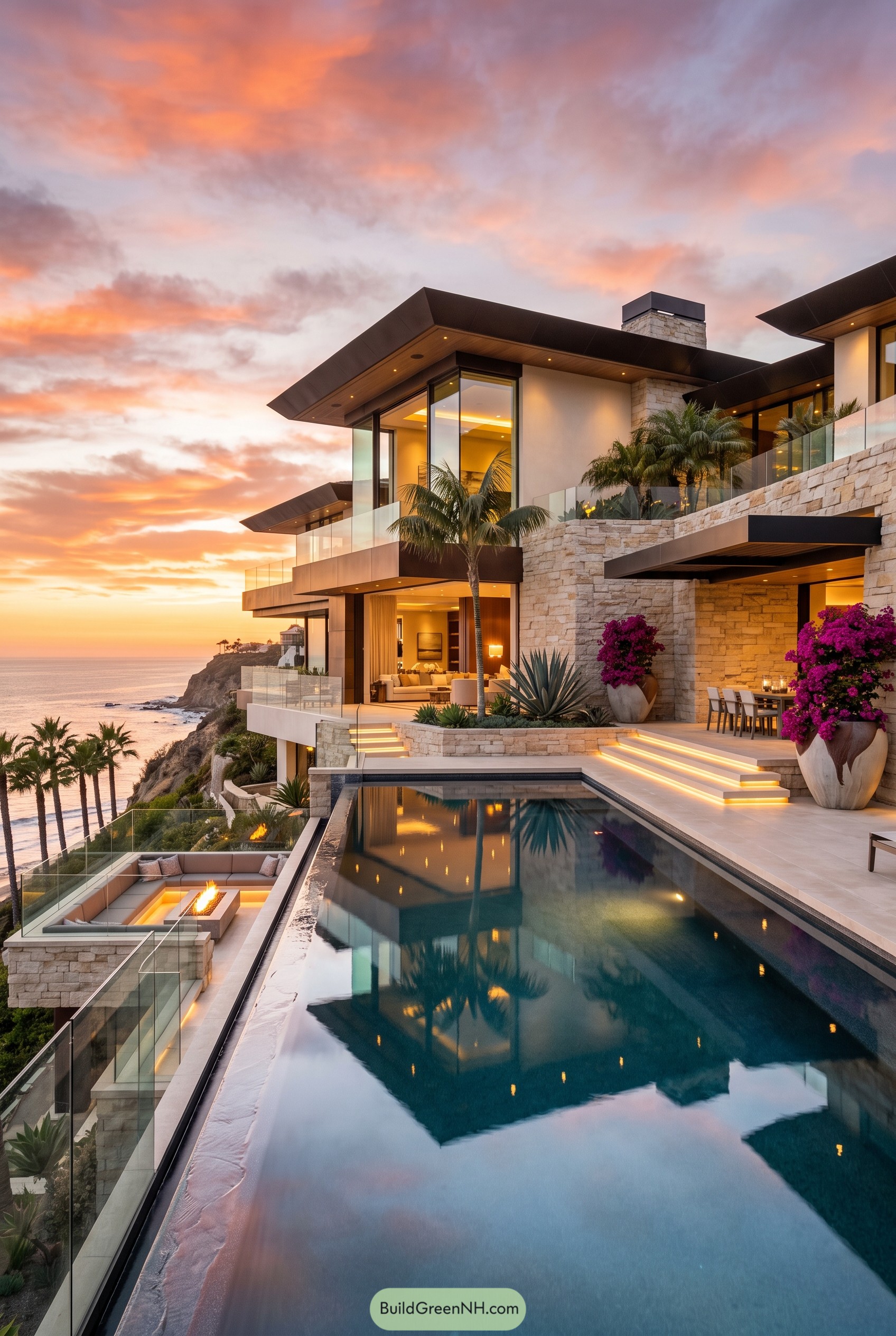 Modern cliffside villa with infinity pool at sunset