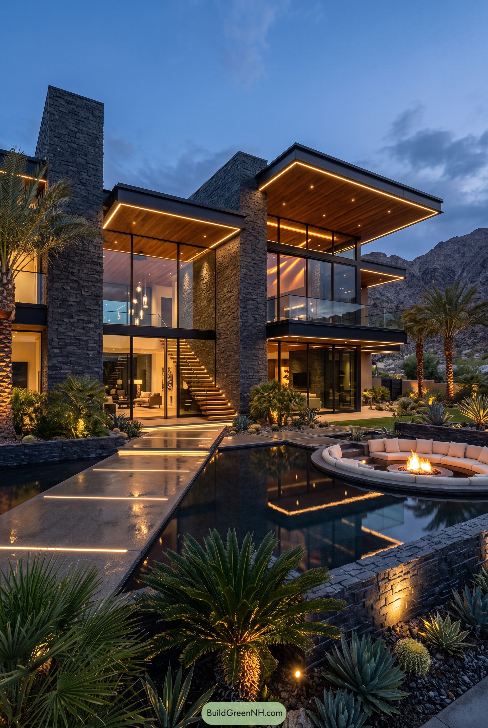 Modern desert villa with stone walls and glowing rooflines