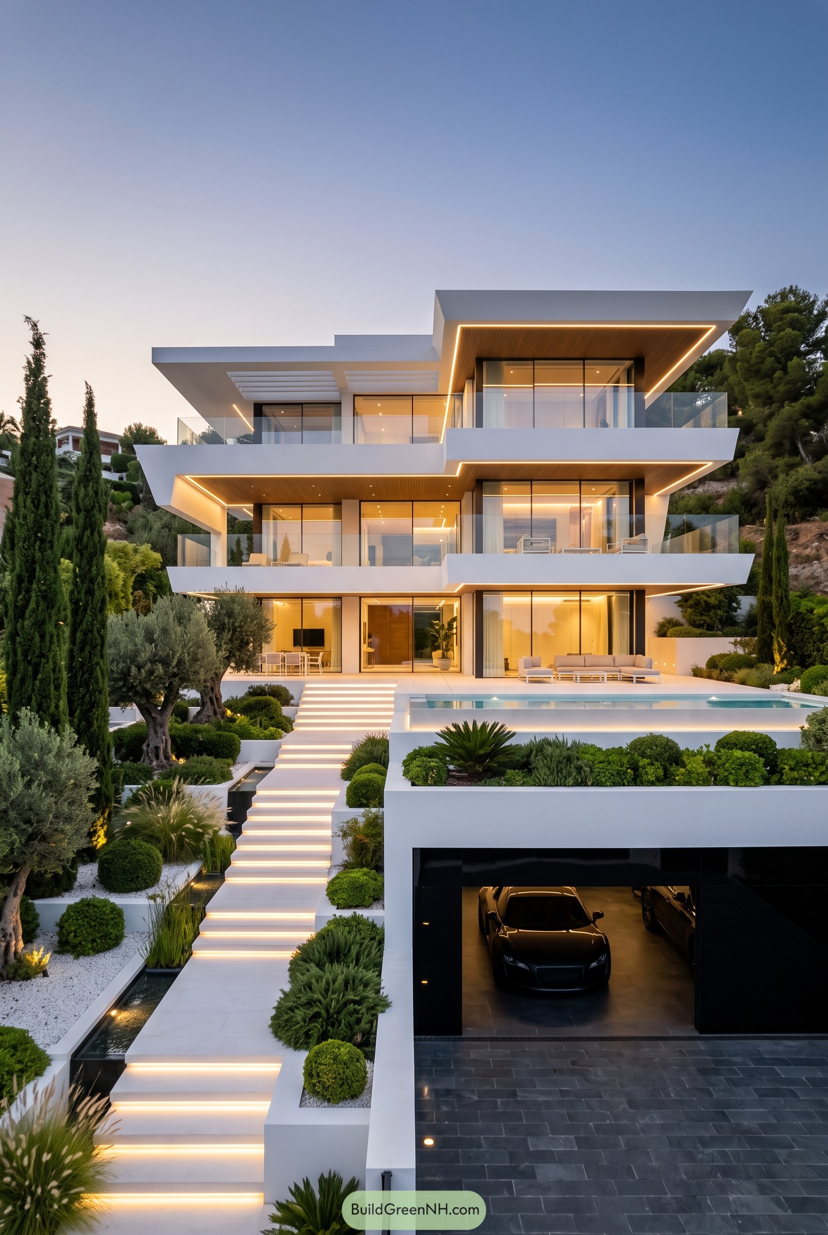 Modern hillside villa with glowing terraces and pool