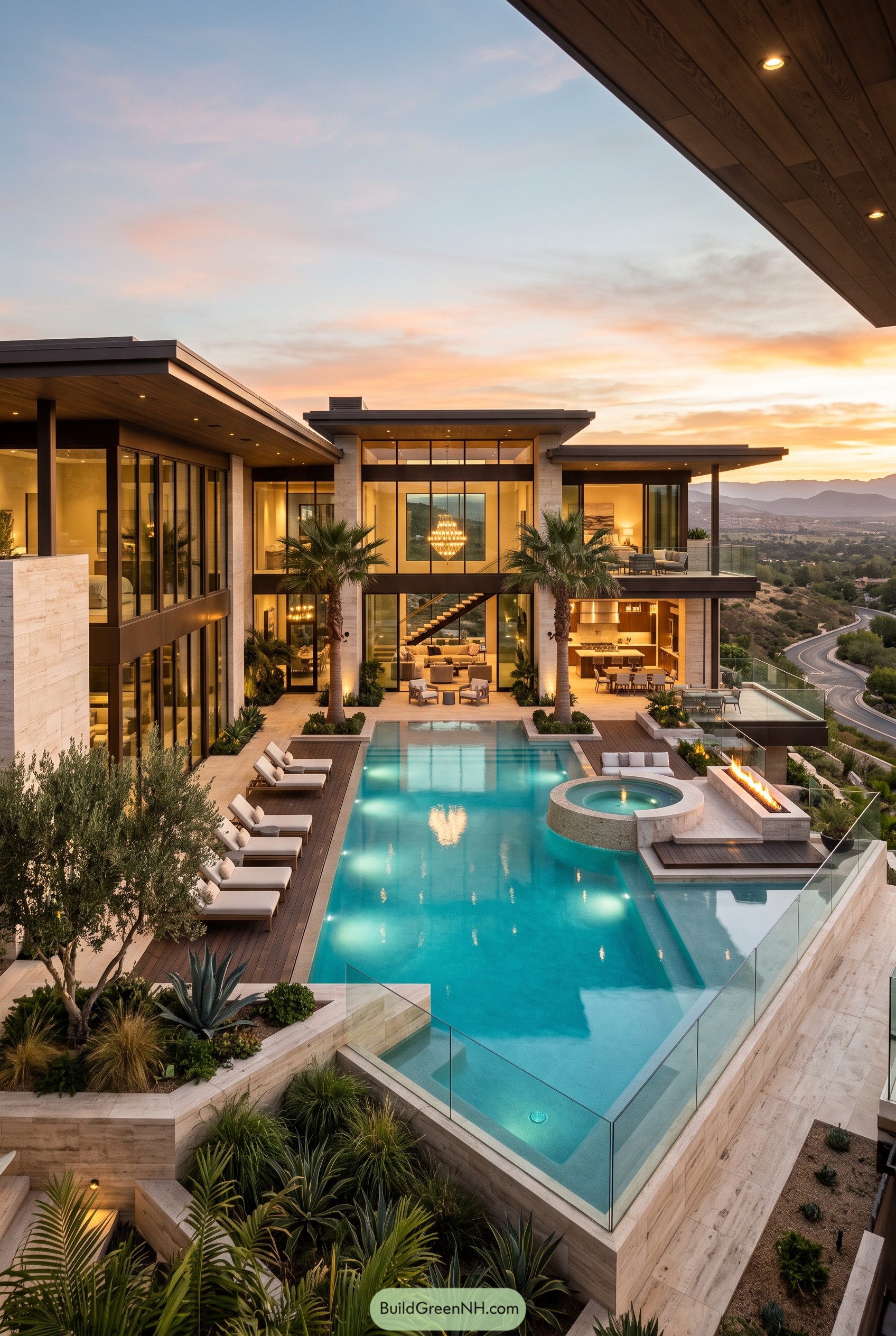 Modern hillside villa with pool at sunset