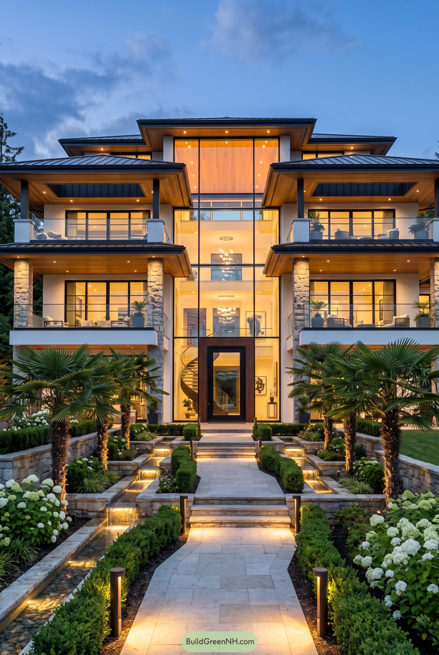 Luxury mansion with glowing glass atrium entry