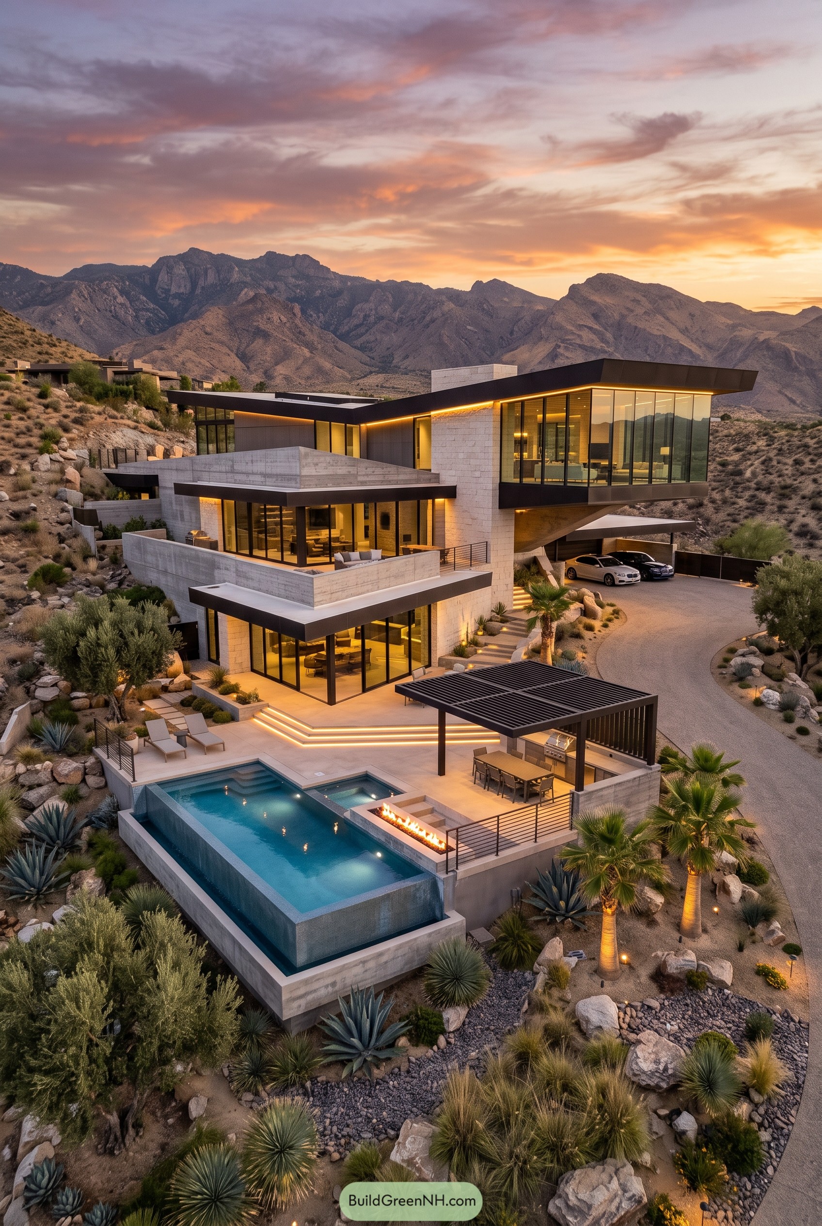 Modern desert hillside home with pool at sunset