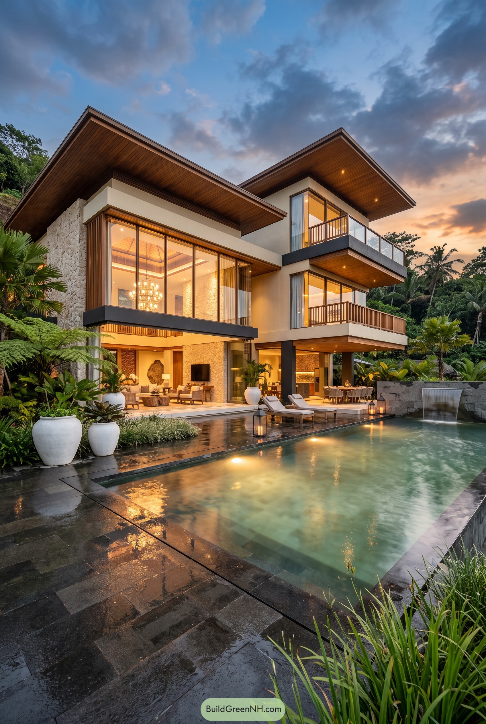 Tropical luxury villa with pool at dusk