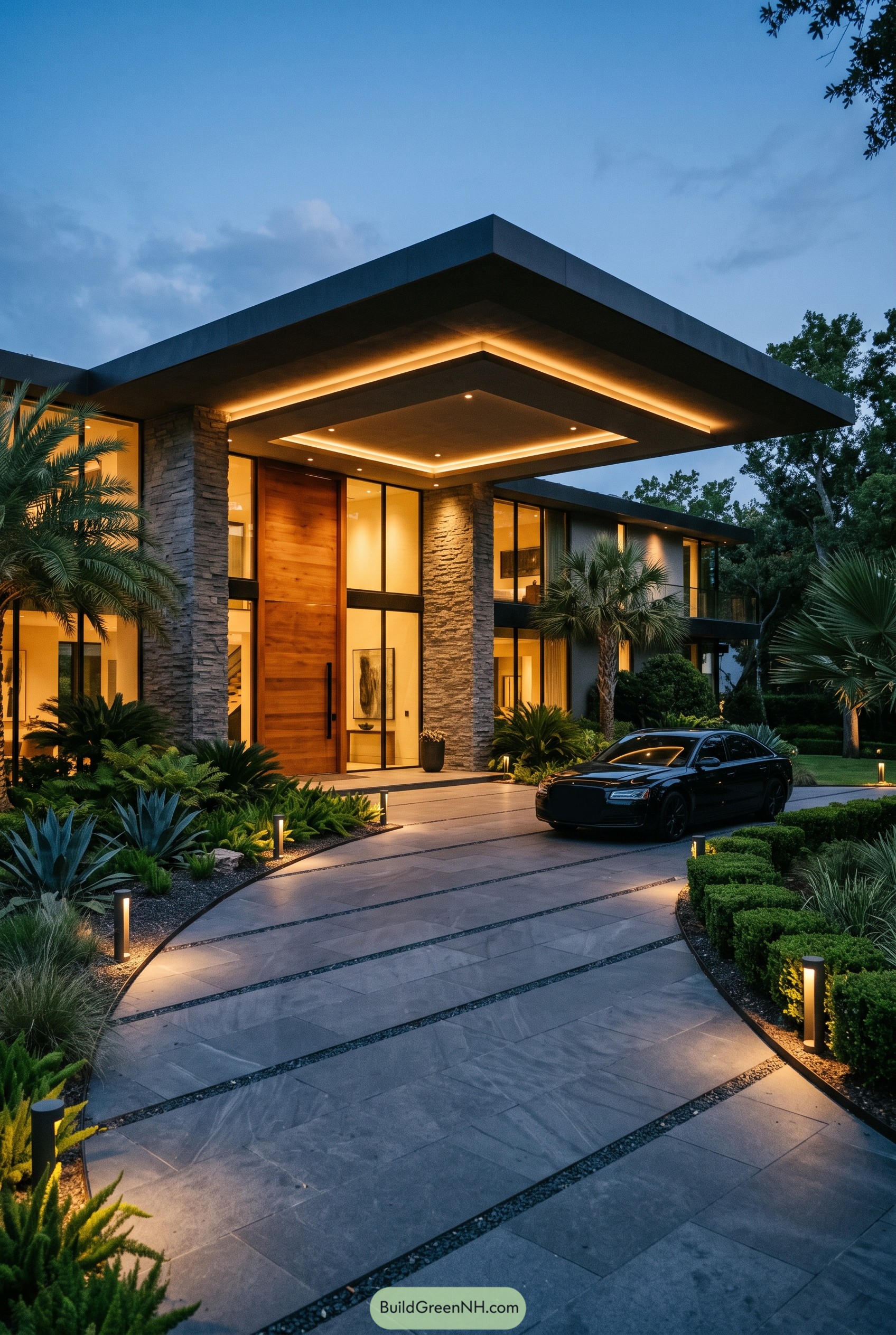 Modern mansion entry with glowing canopy