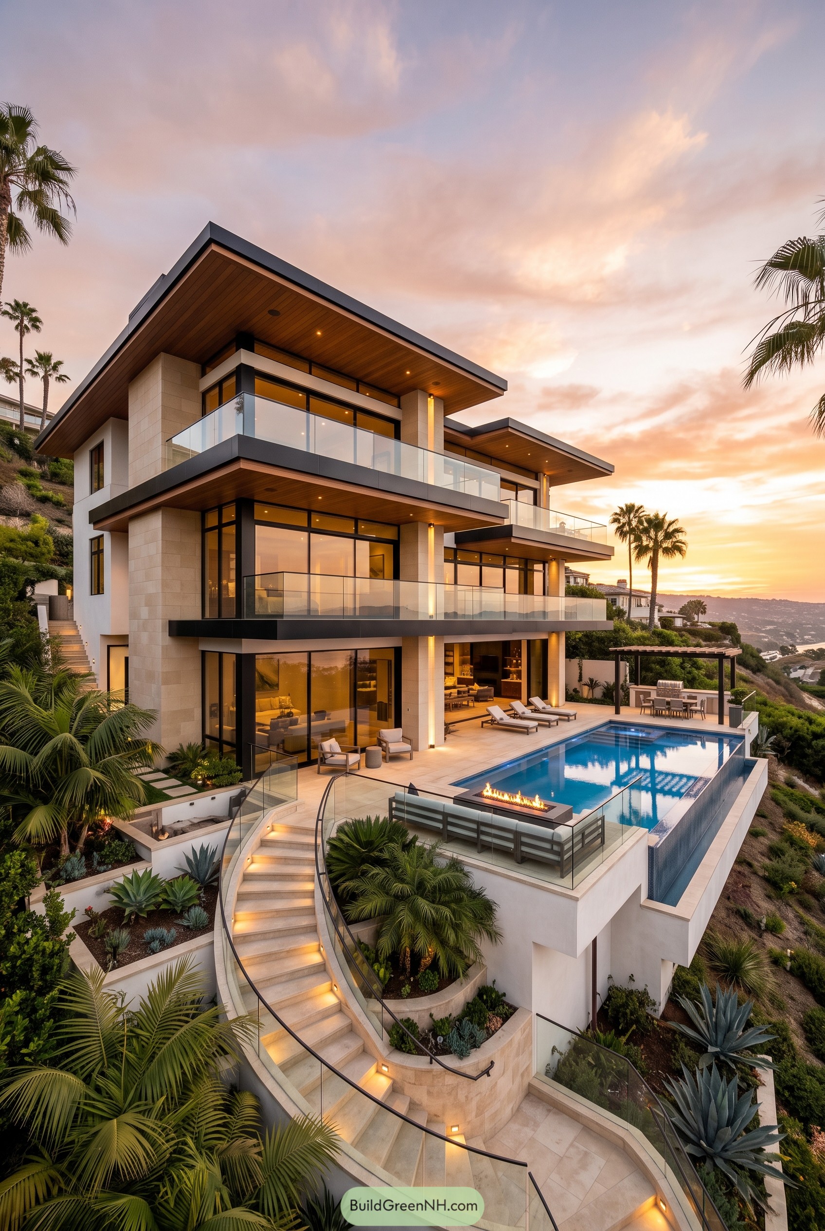 Modern hillside mansion with glass terraces and pool