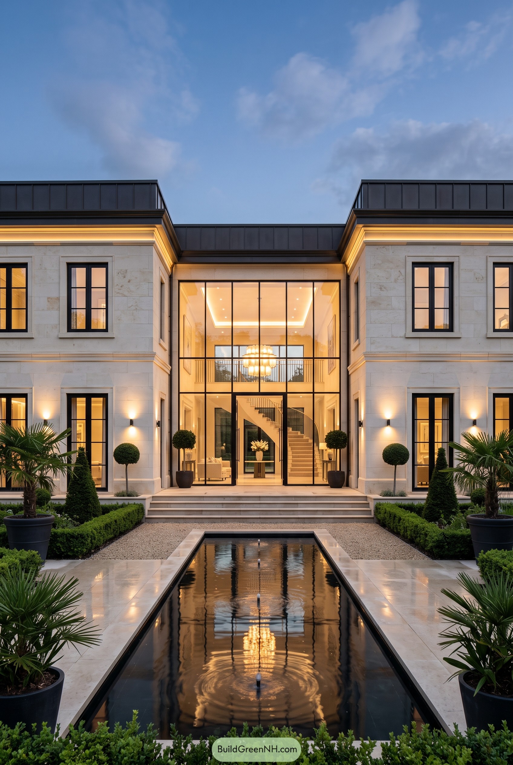 Modern mansion with glass entry and reflecting pool