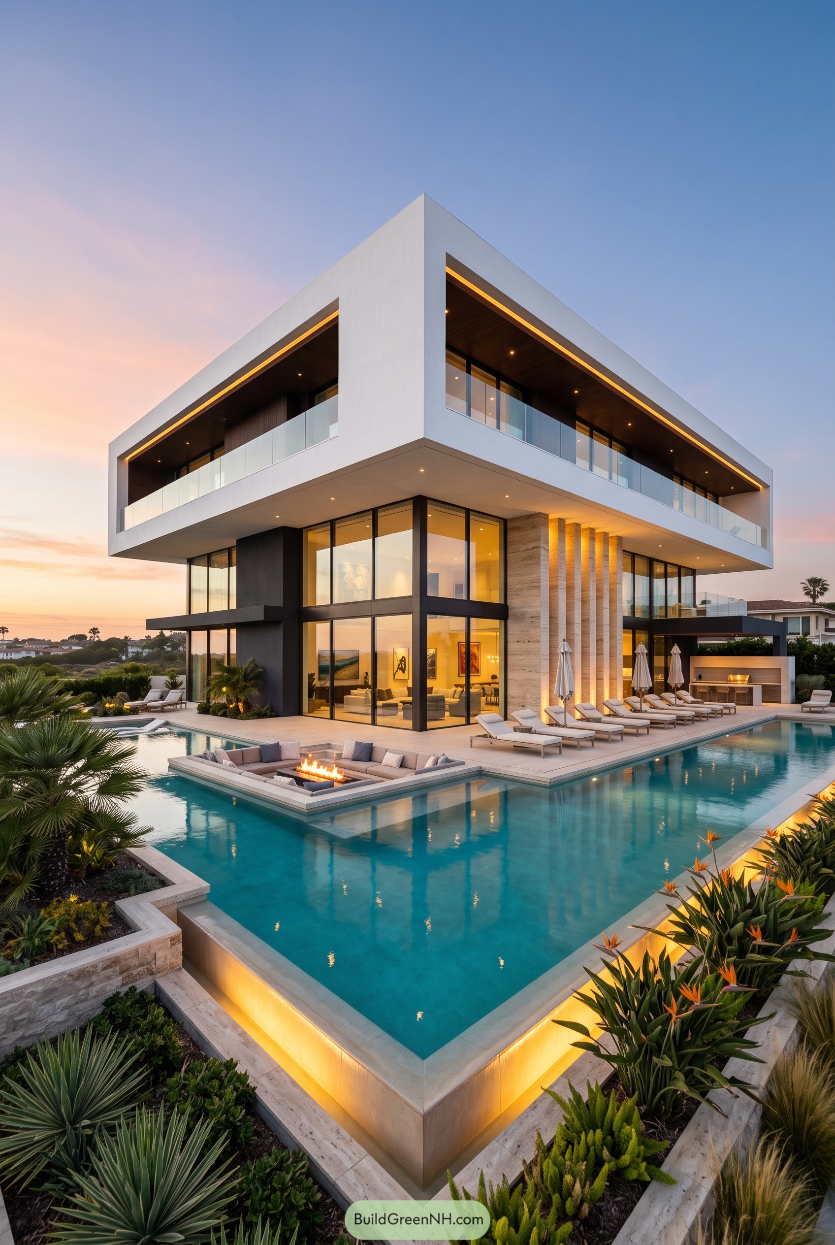 Modern cantilevered mansion with pool at sunset