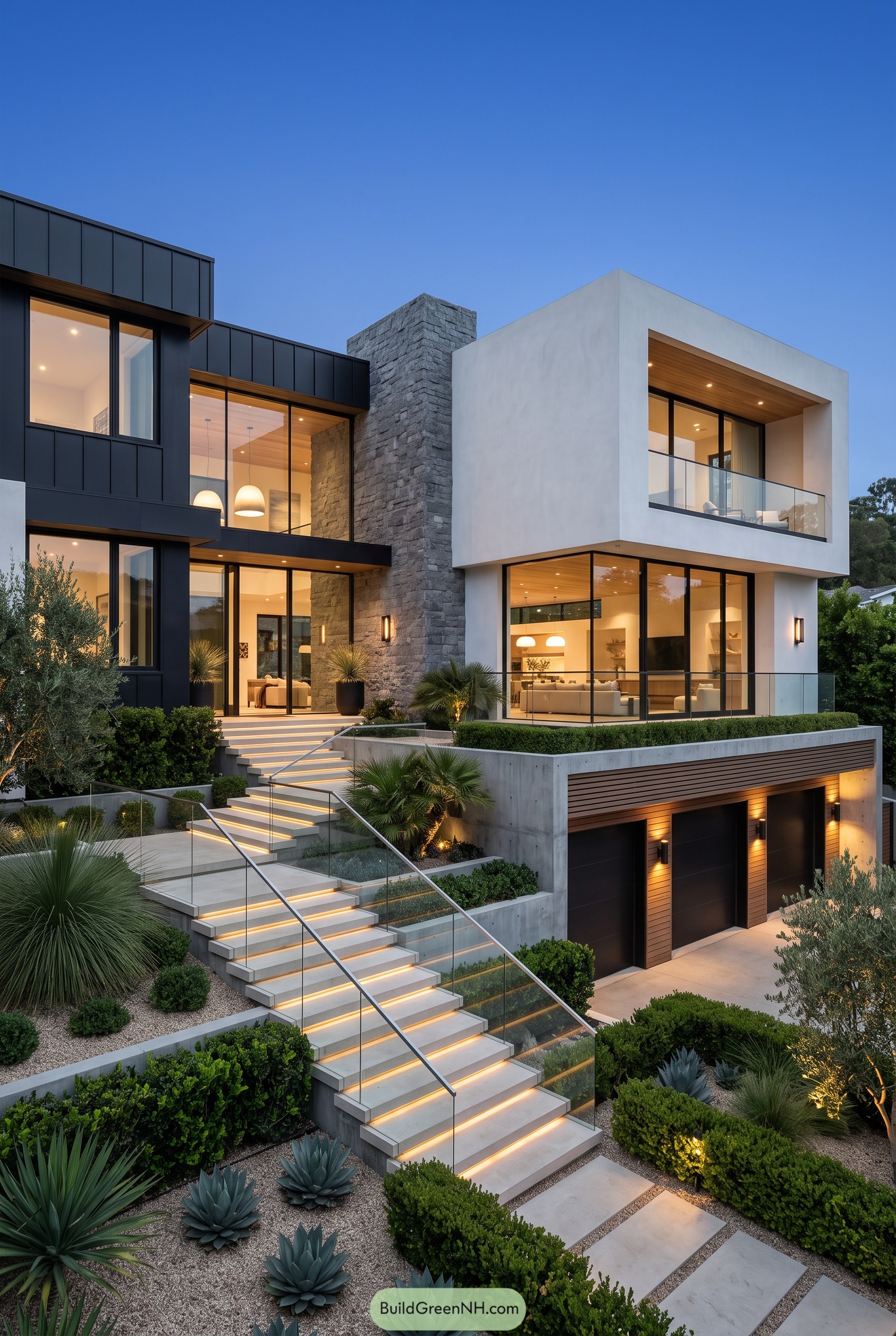Modern hillside mansion with illuminated steps and glass balconies