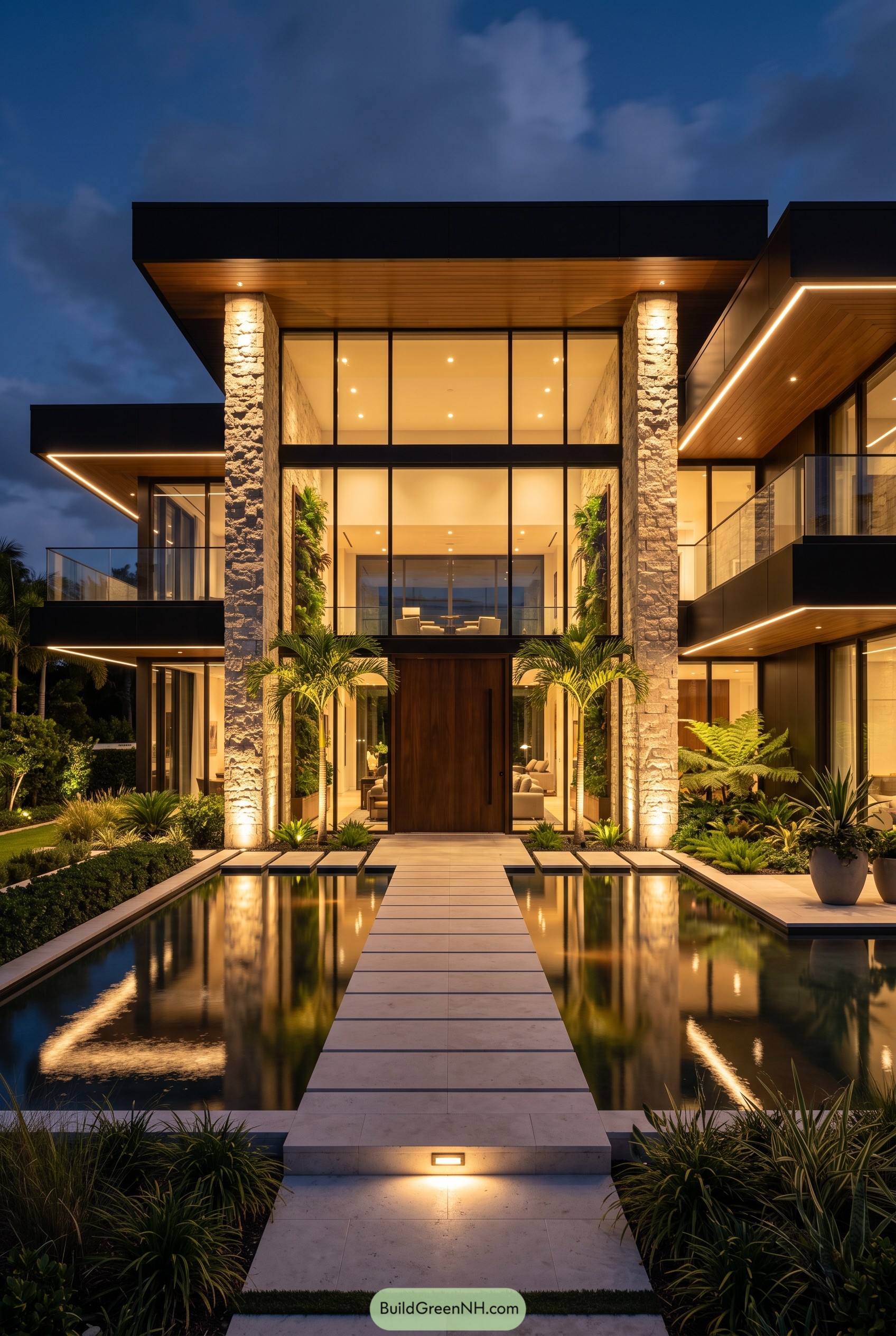 Modern mansion entrance with stone columns and reflecting pools
