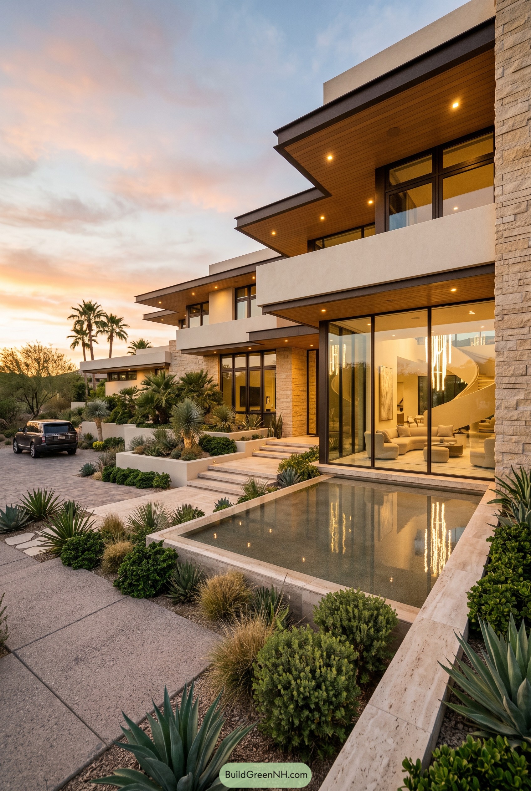 Modern desert mansion with layered roofs and reflecting pool