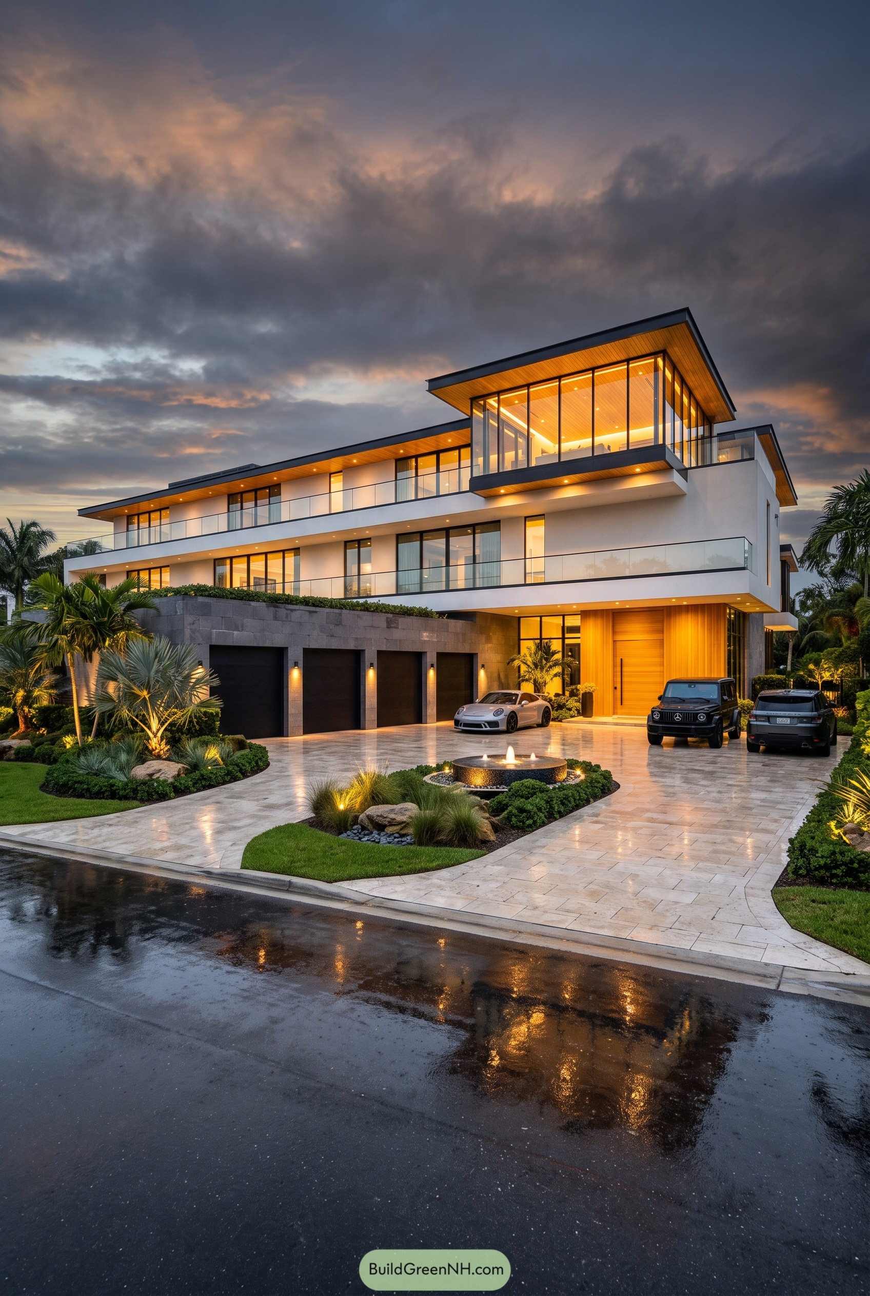 Modern glass mansion with warm wood soffits