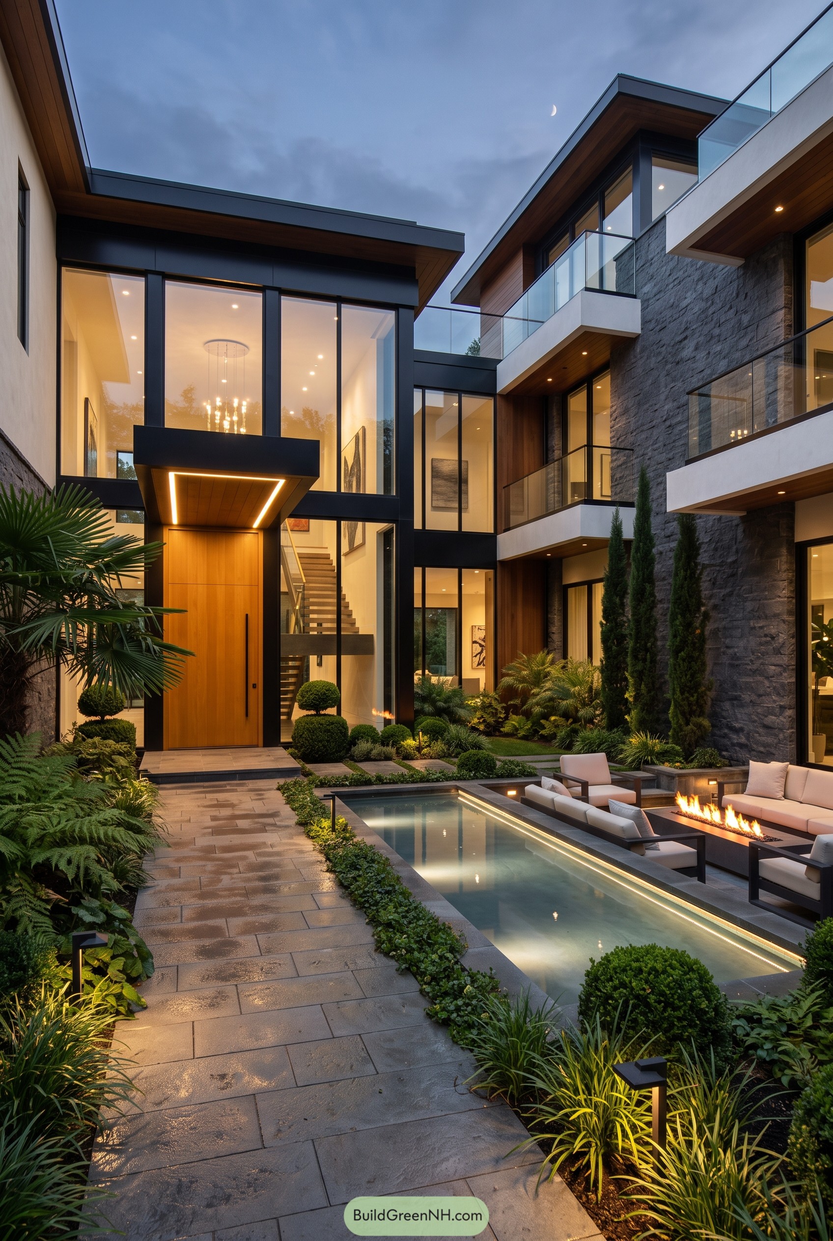 Modern mansion courtyard with pool and glass balconies