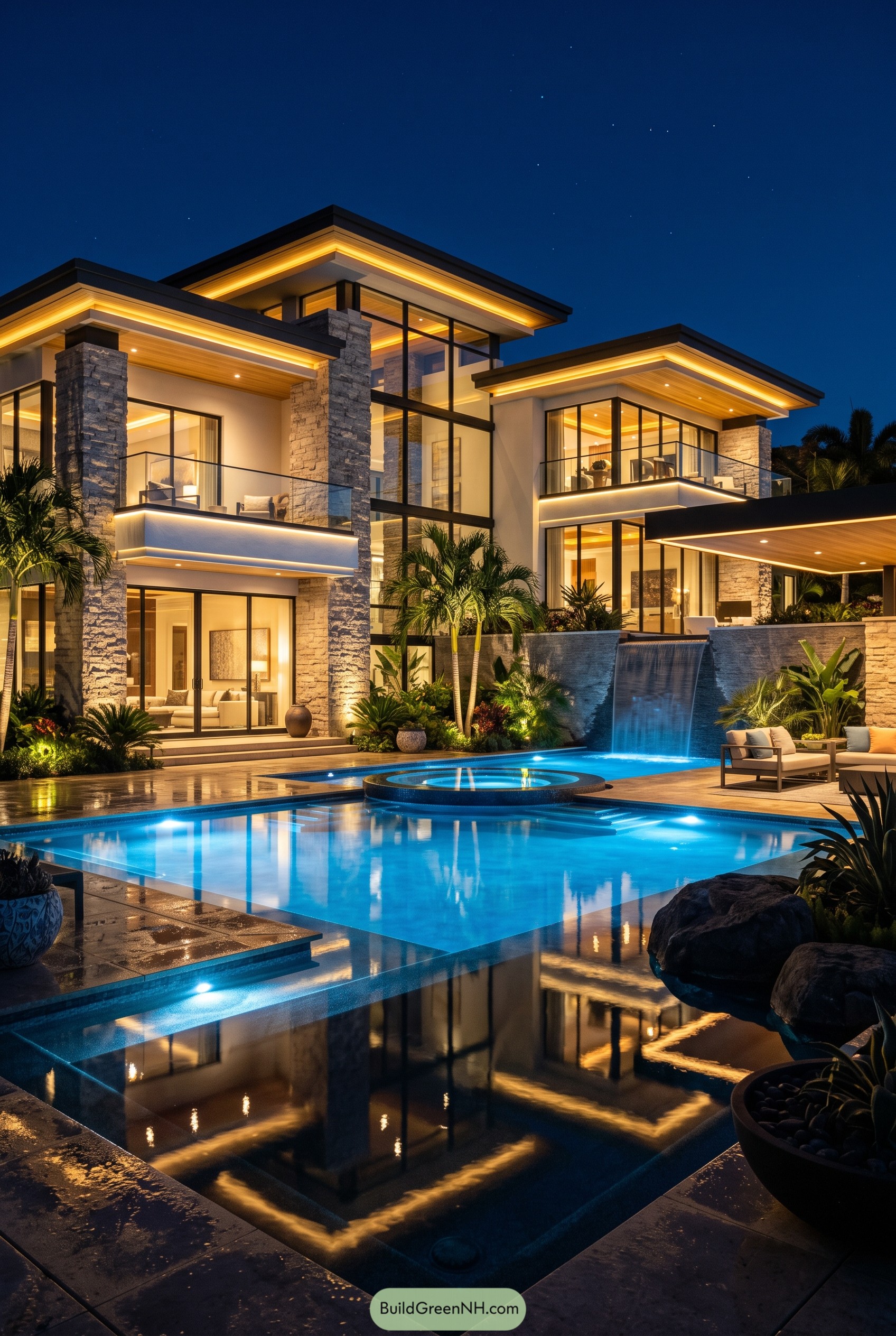 Modern tropical mansion with pool and waterfall at night