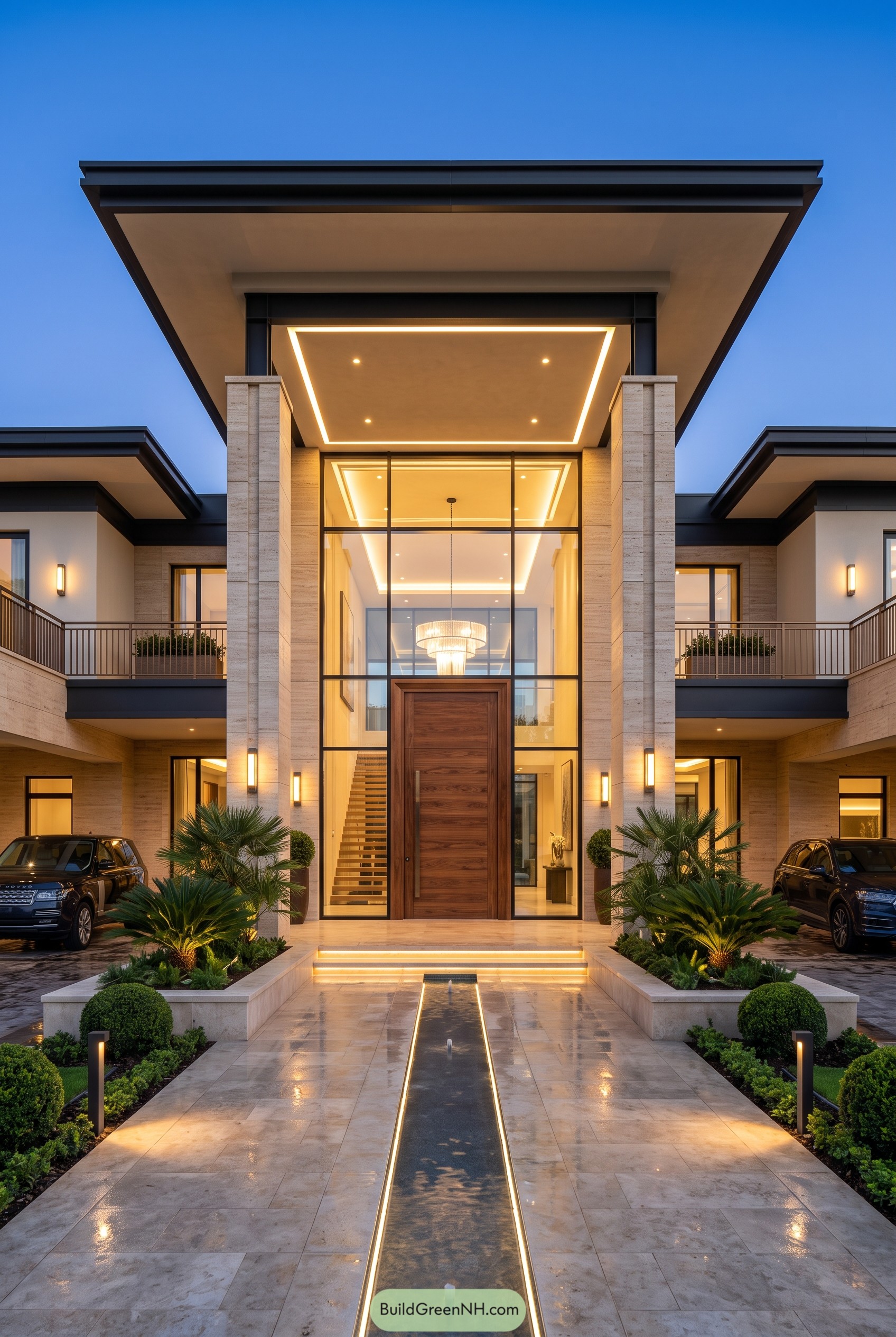 Modern mansion entrance with glass atrium and water feature