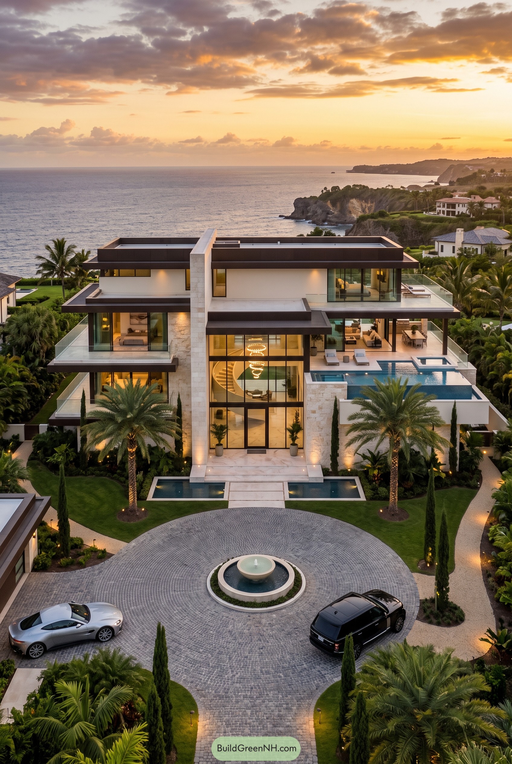 Modern oceanfront mansion with pool at sunset