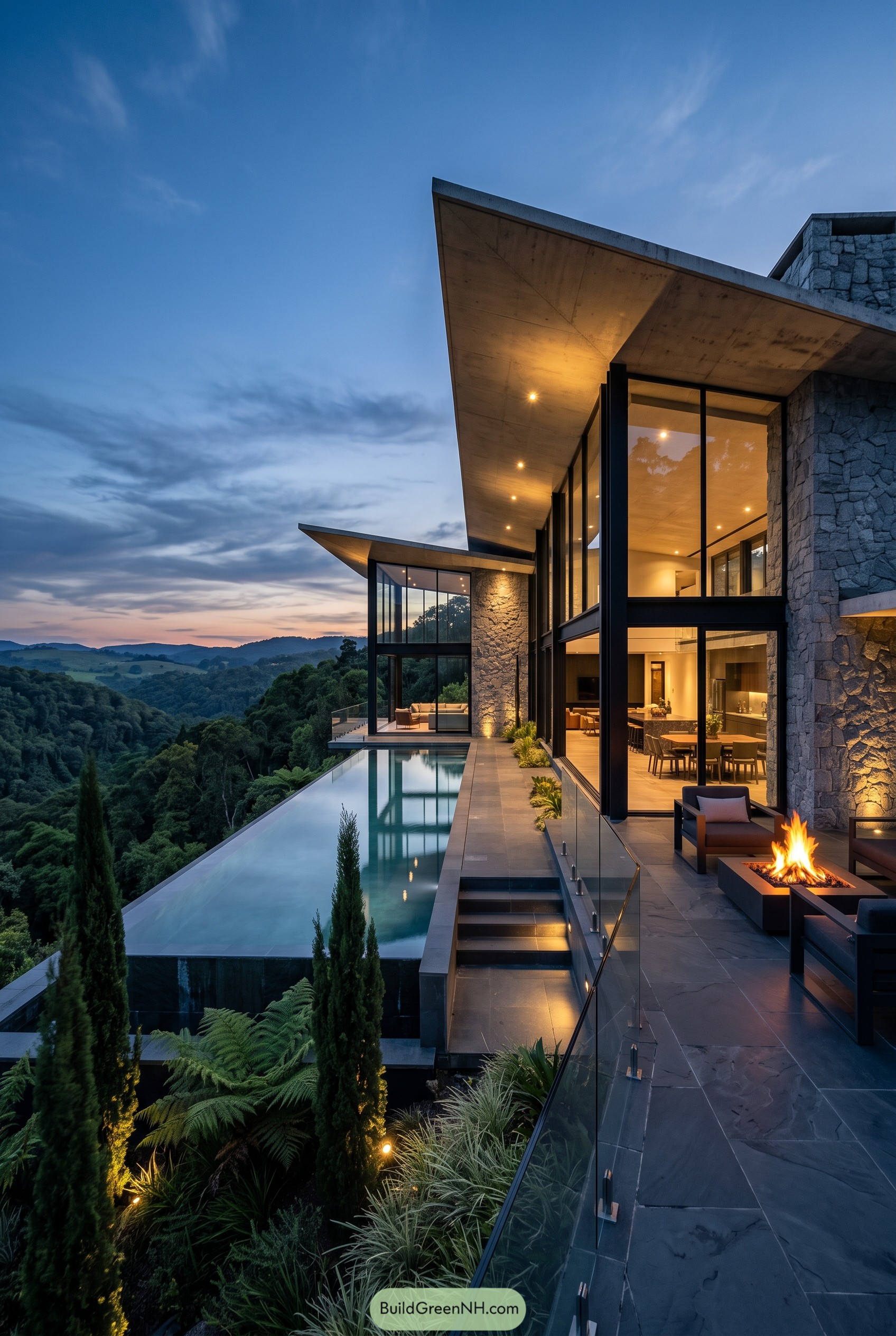 Angular hillside mansion with infinity pool
