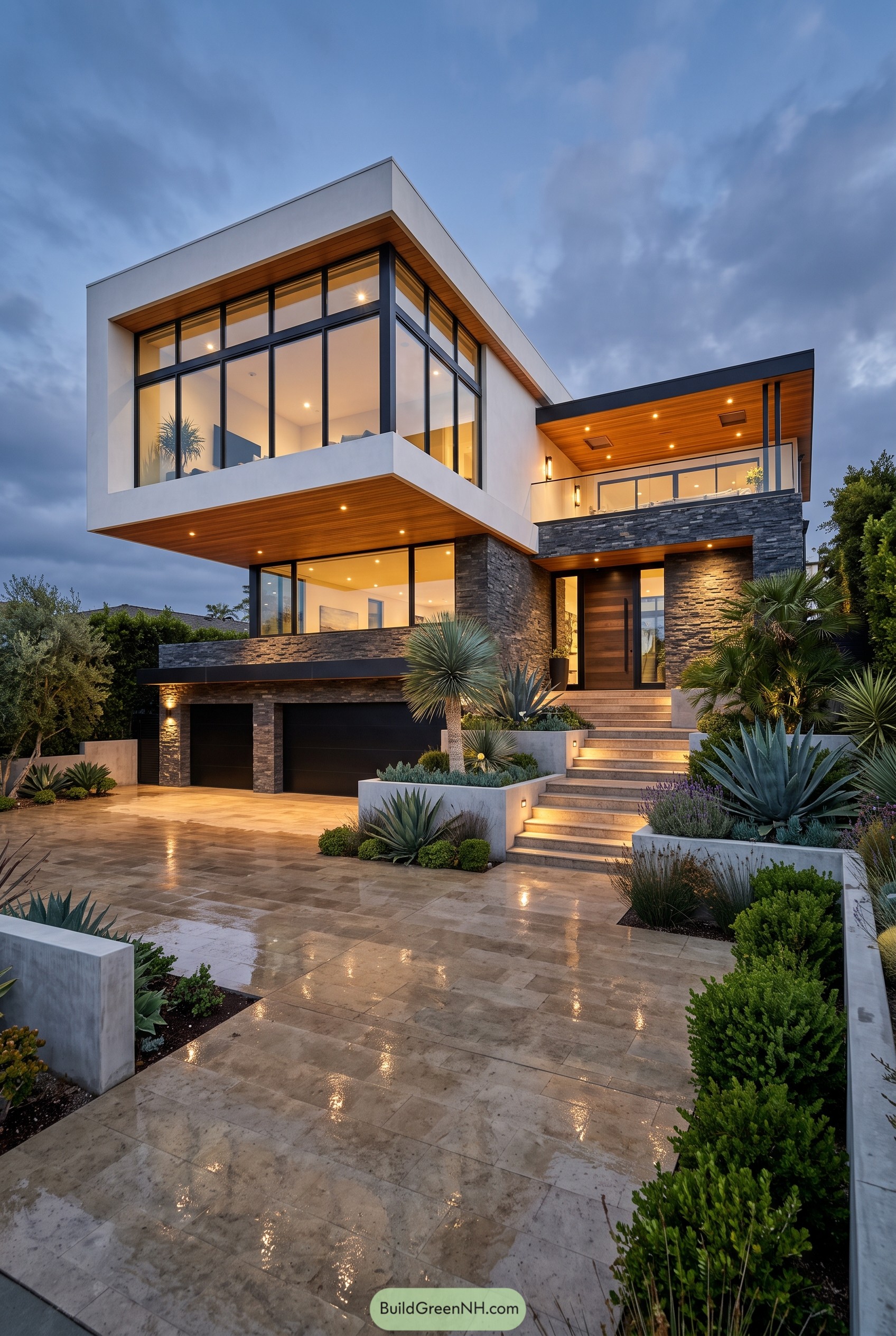 Modern cantilevered mansion with glass walls