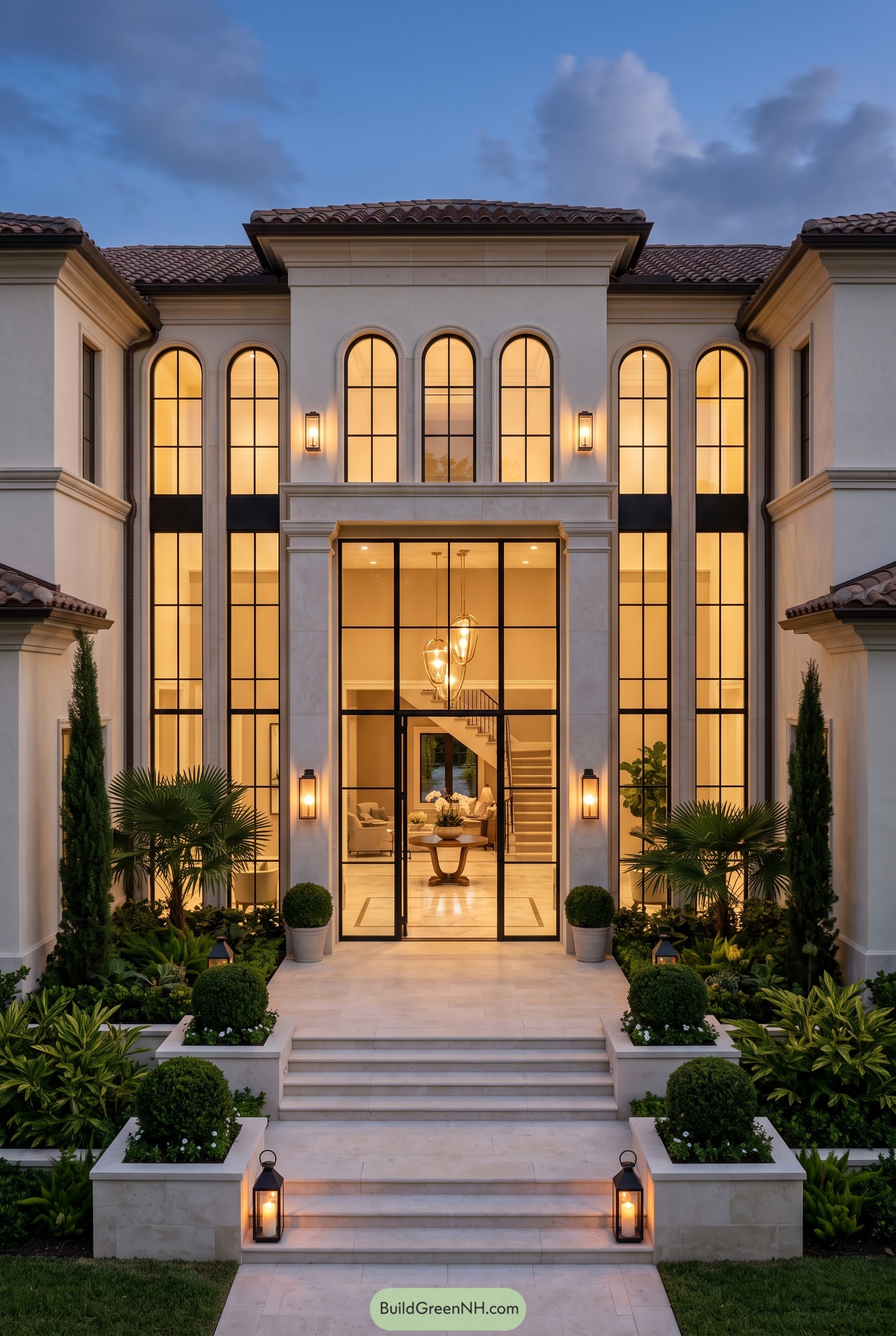 Mediterranean mansion entry with arched windows