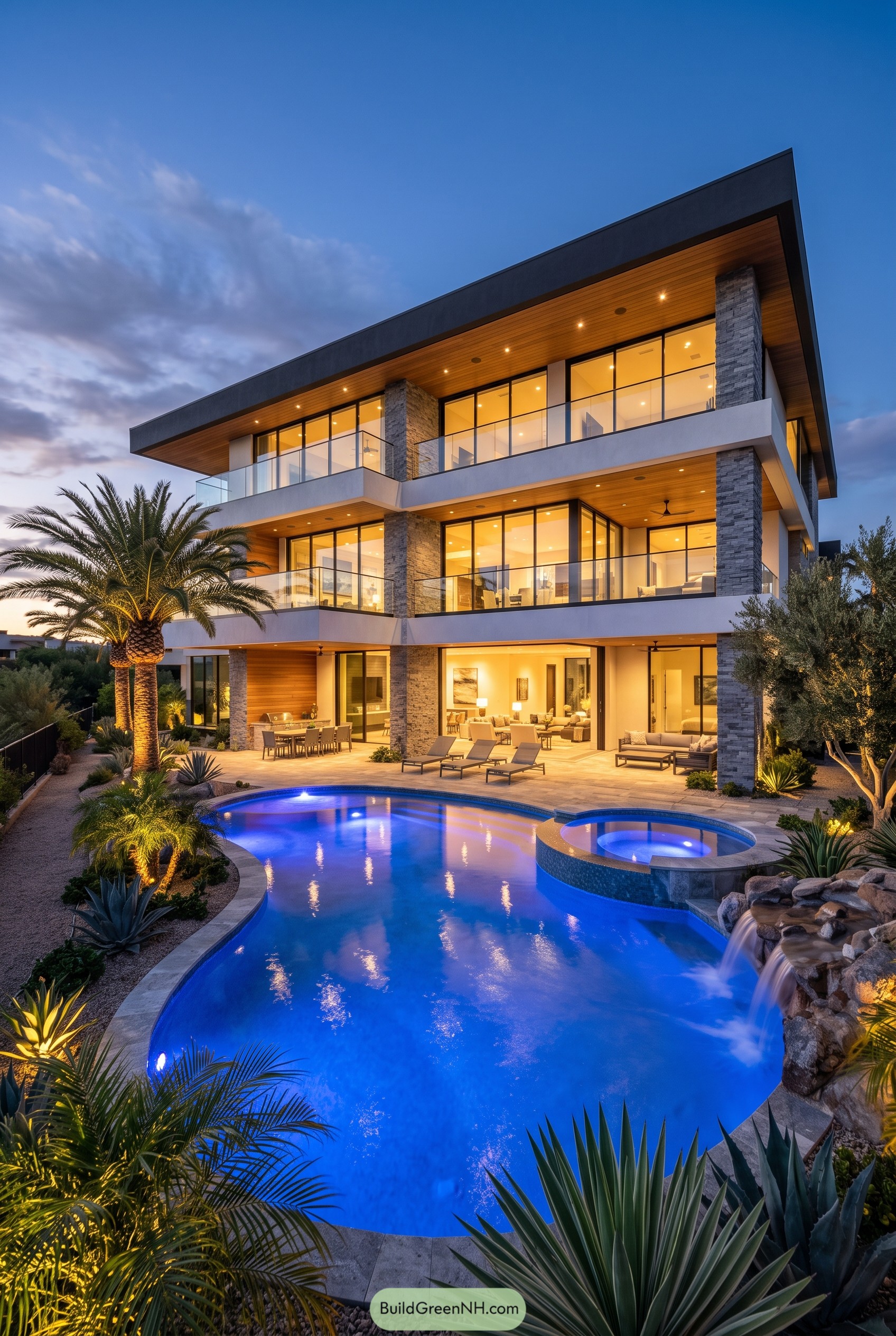 Tiered modern mansion with pool at dusk