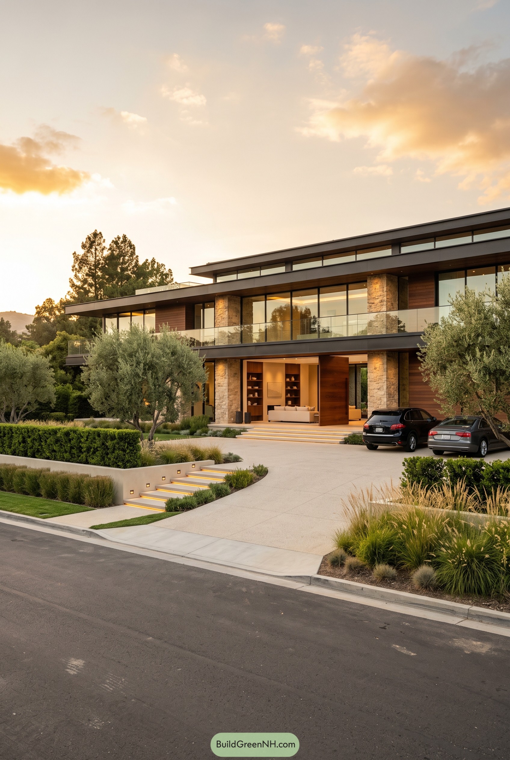 Modern hillside mansion with glass balconies
