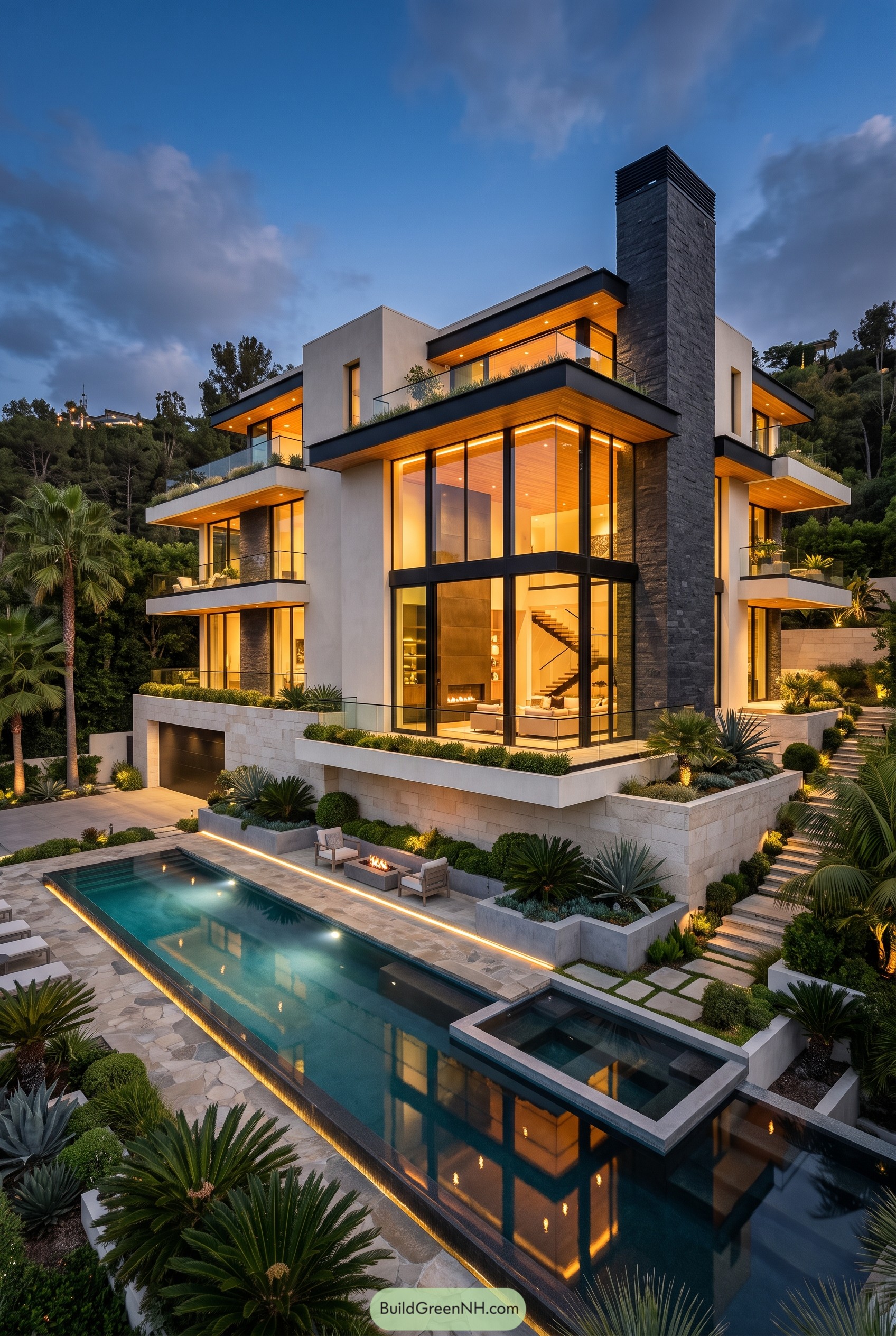 Modern hillside mansion with glass walls and pool