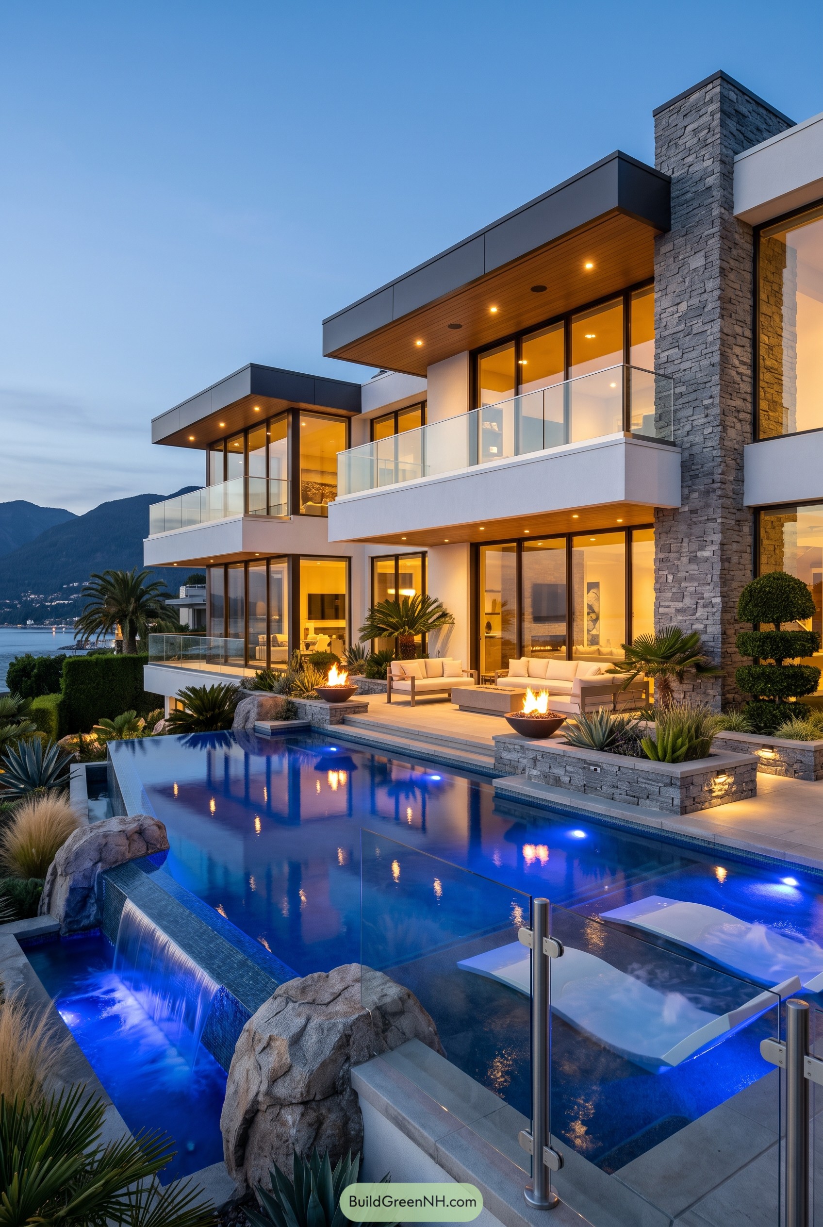 Modern waterfront mansion with pool terraces
