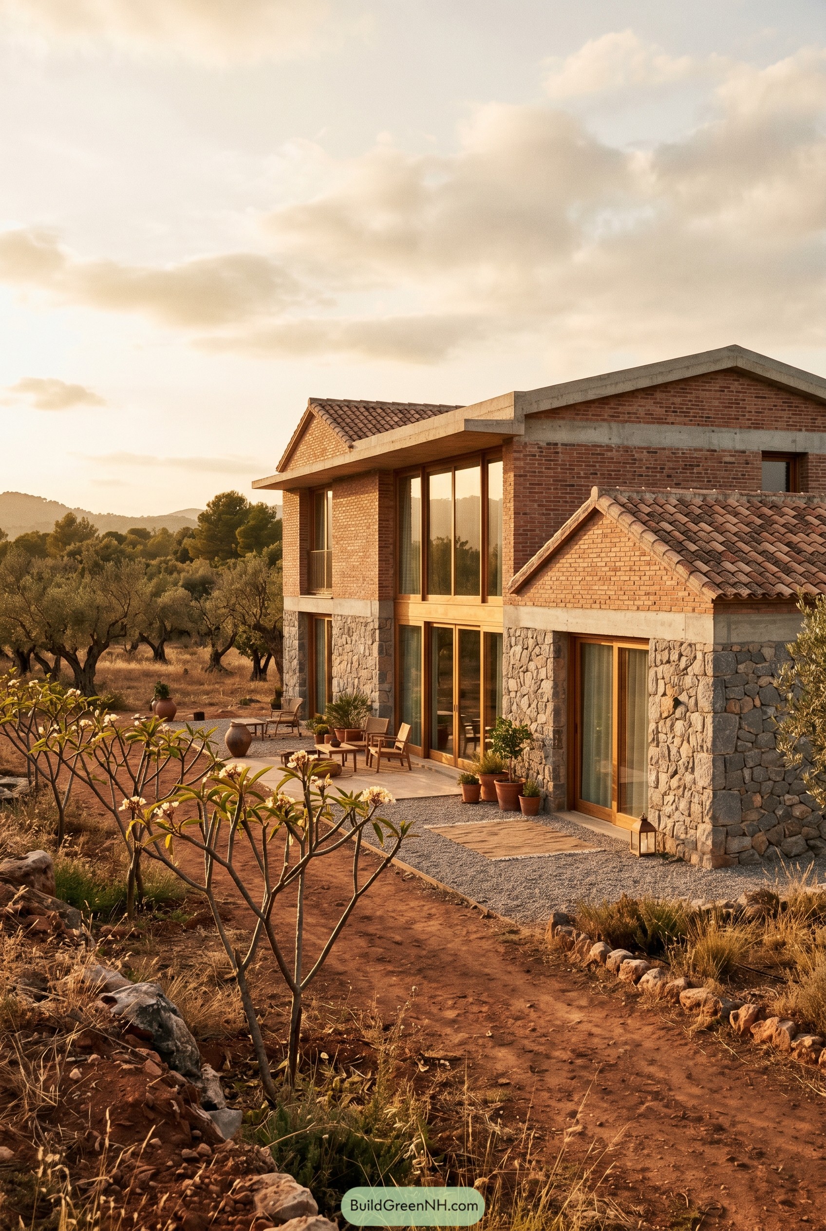Stone and brick farmhouse with tiled roofs