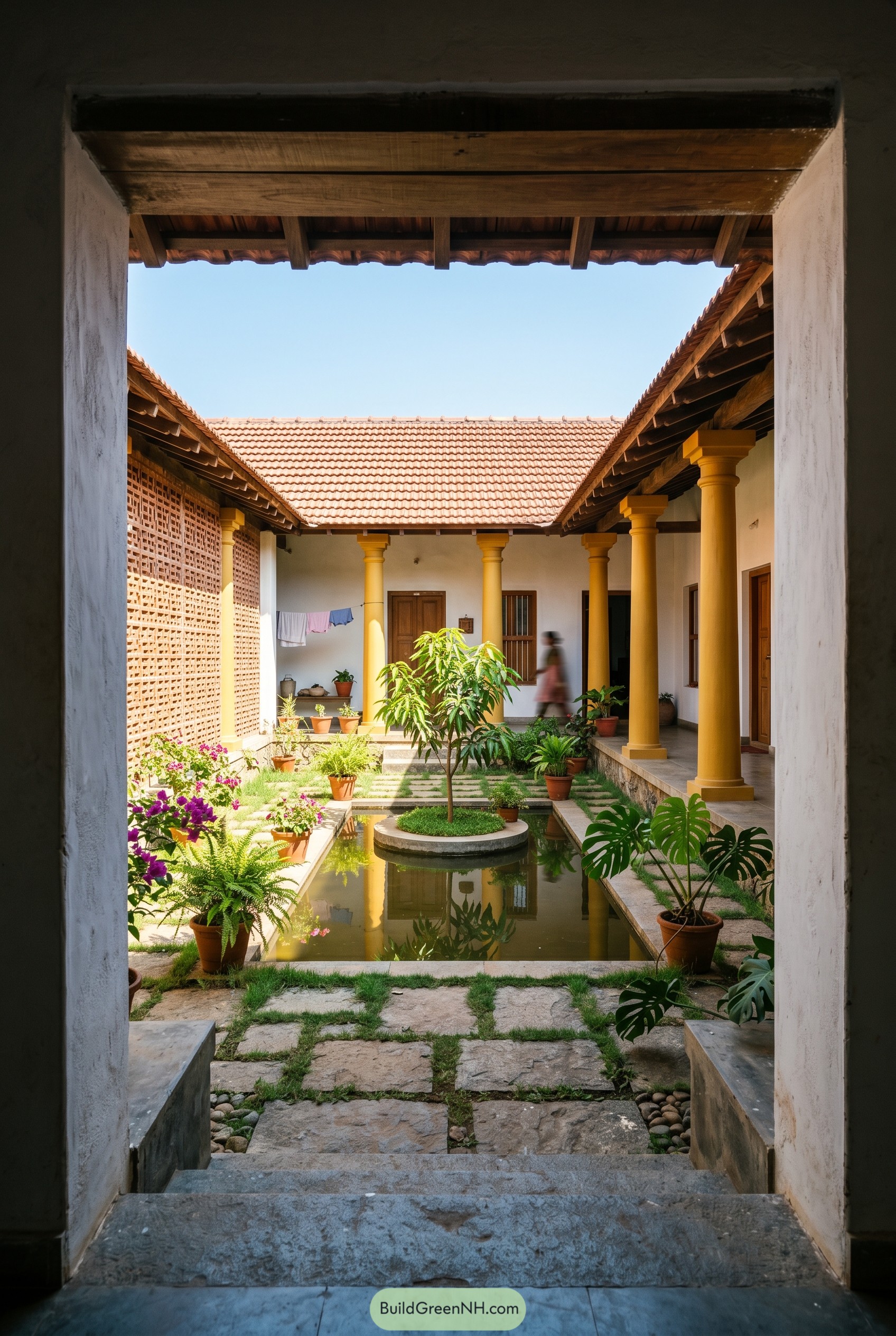 Yellow column courtyard with tiled roof pond