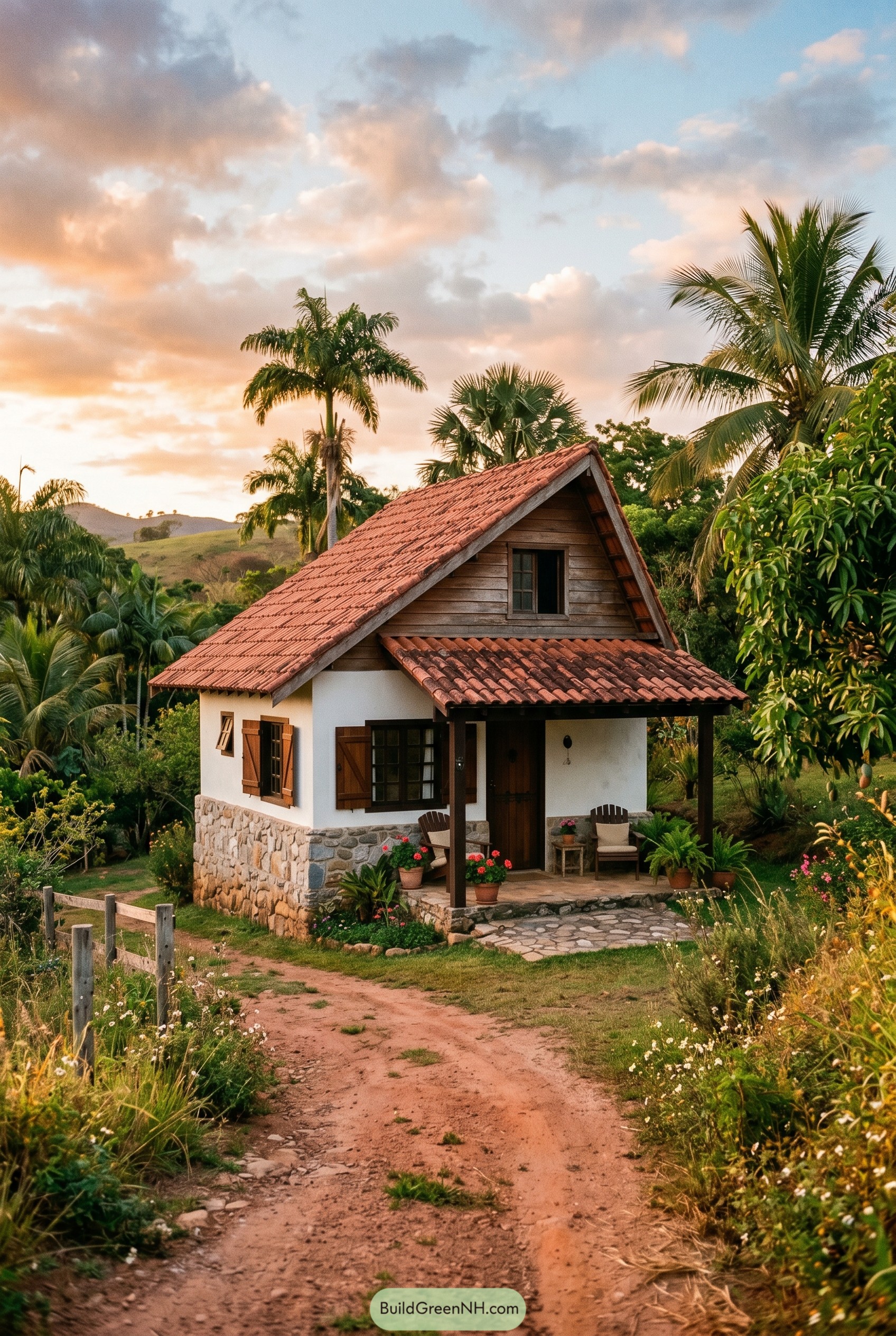 Small tiled cottage with palms and garden path