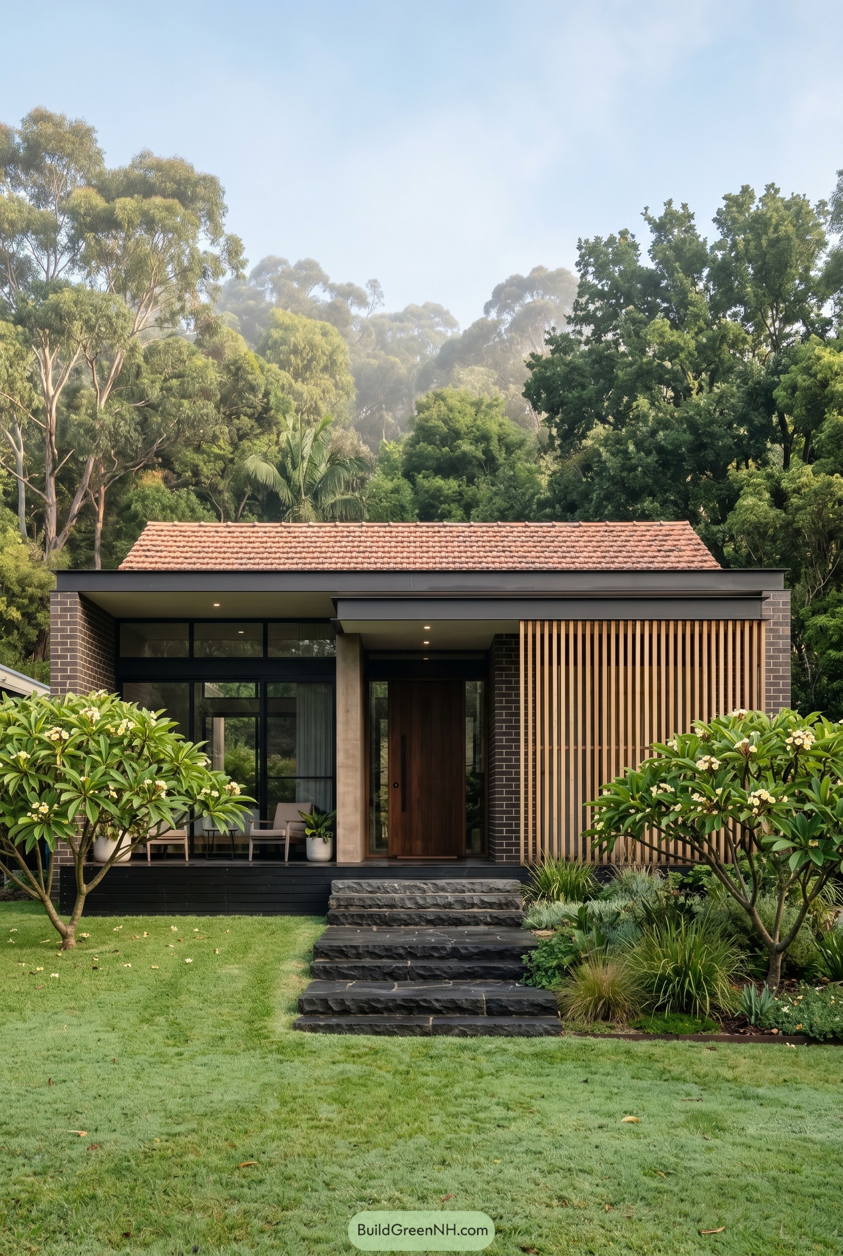 Modern farmhouse with terracotta roof and timber screen