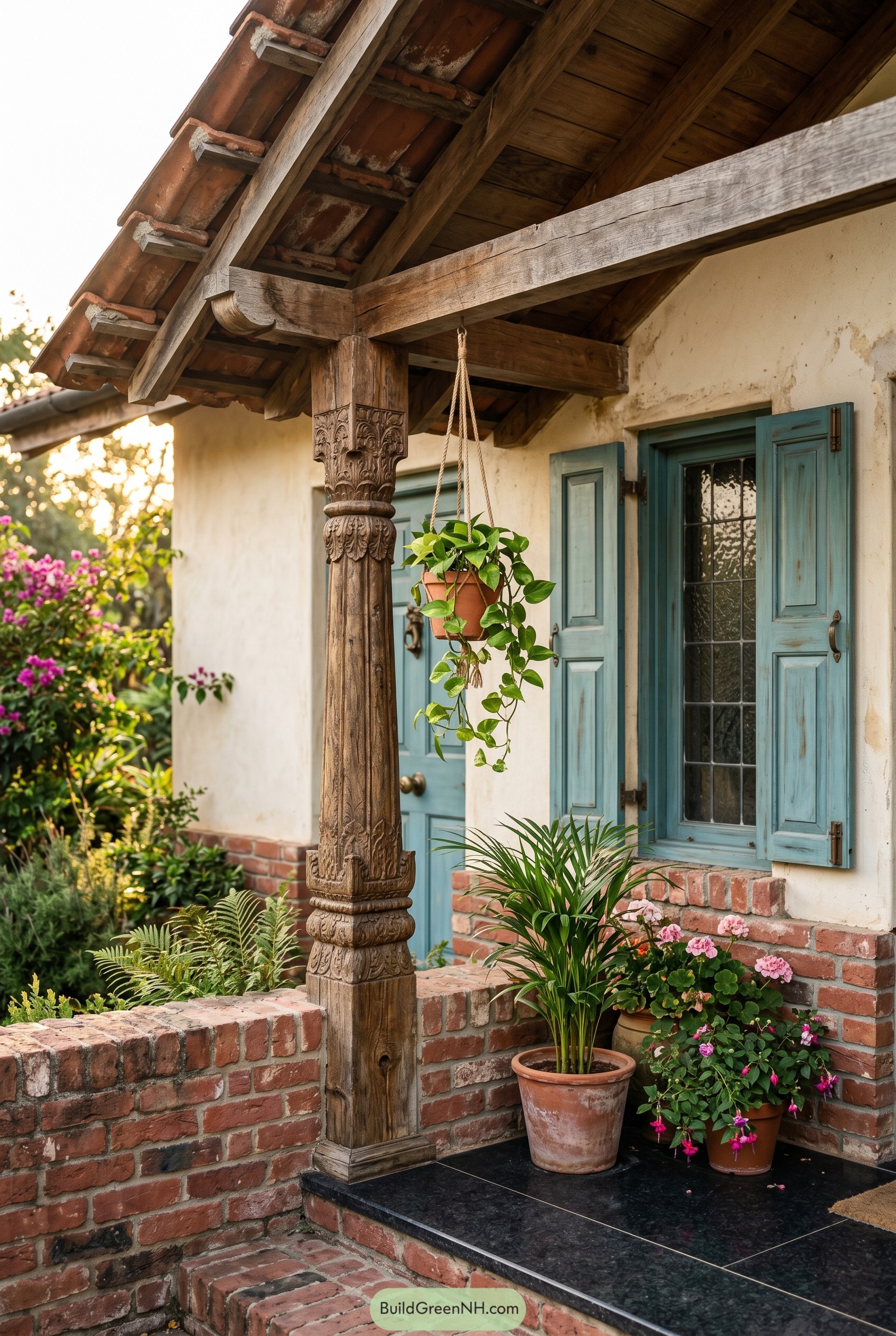Carved farmhouse porch with blue shutters