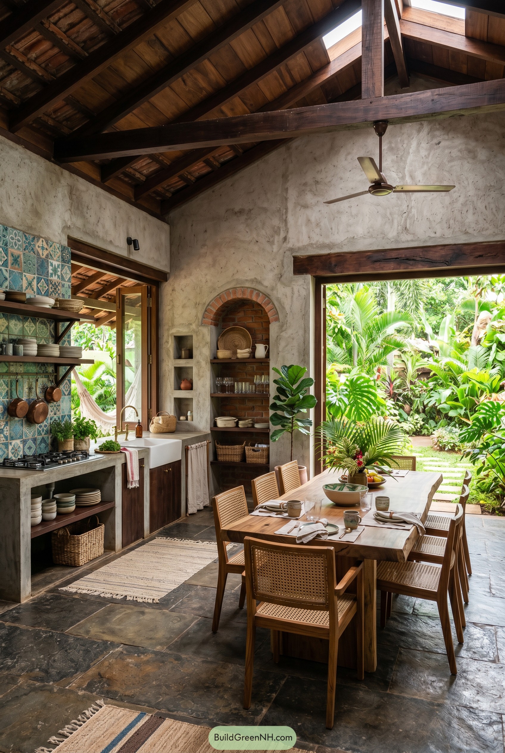 Open kitchen dining space with tropical garden