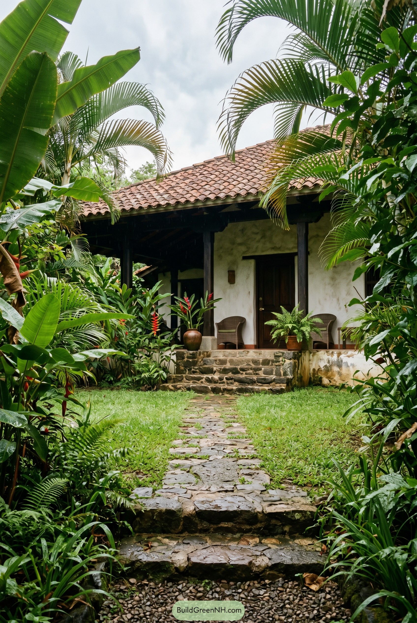 Tropical farmhouse with clay roof and stone path