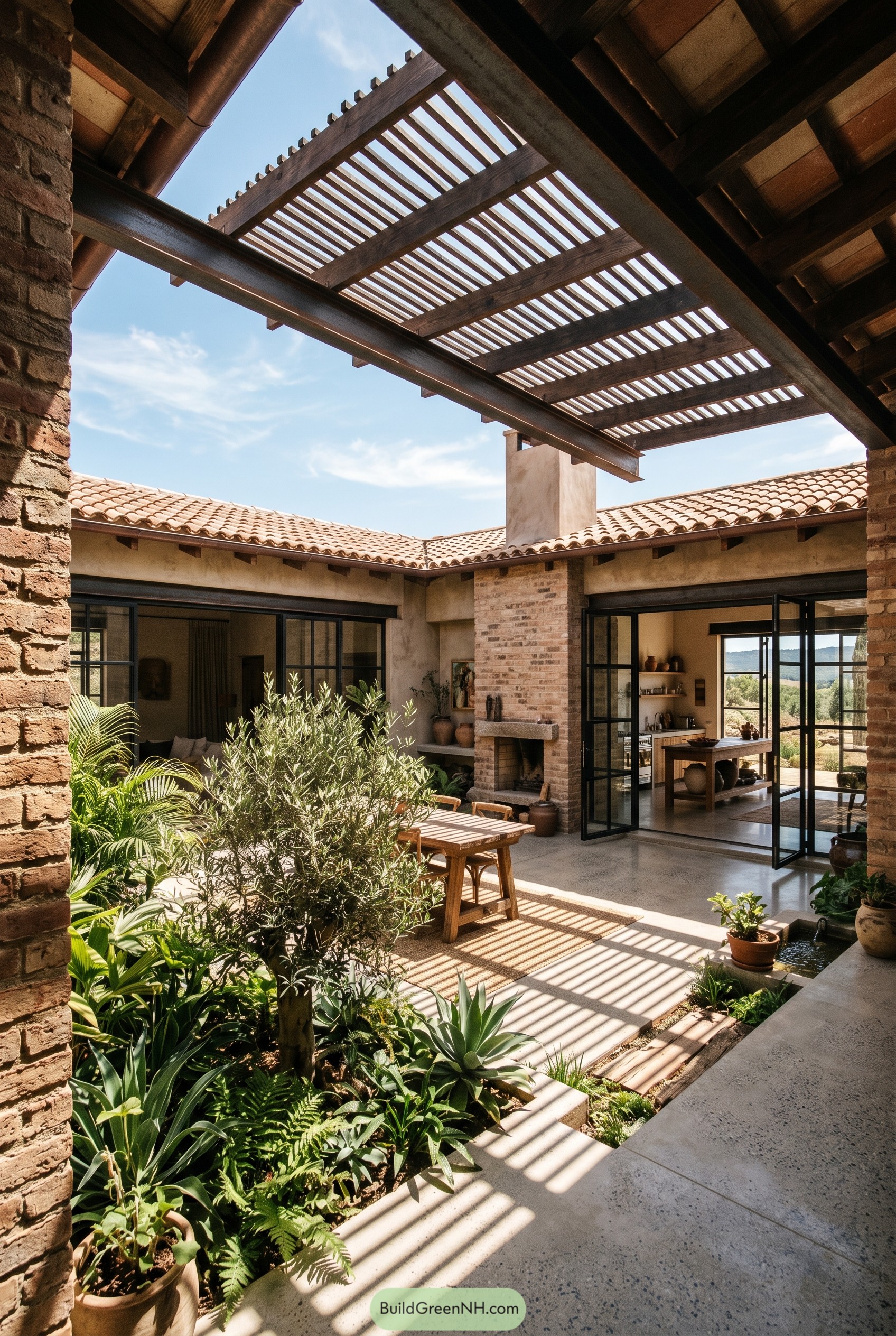 Brick courtyard with pergola and open kitchen