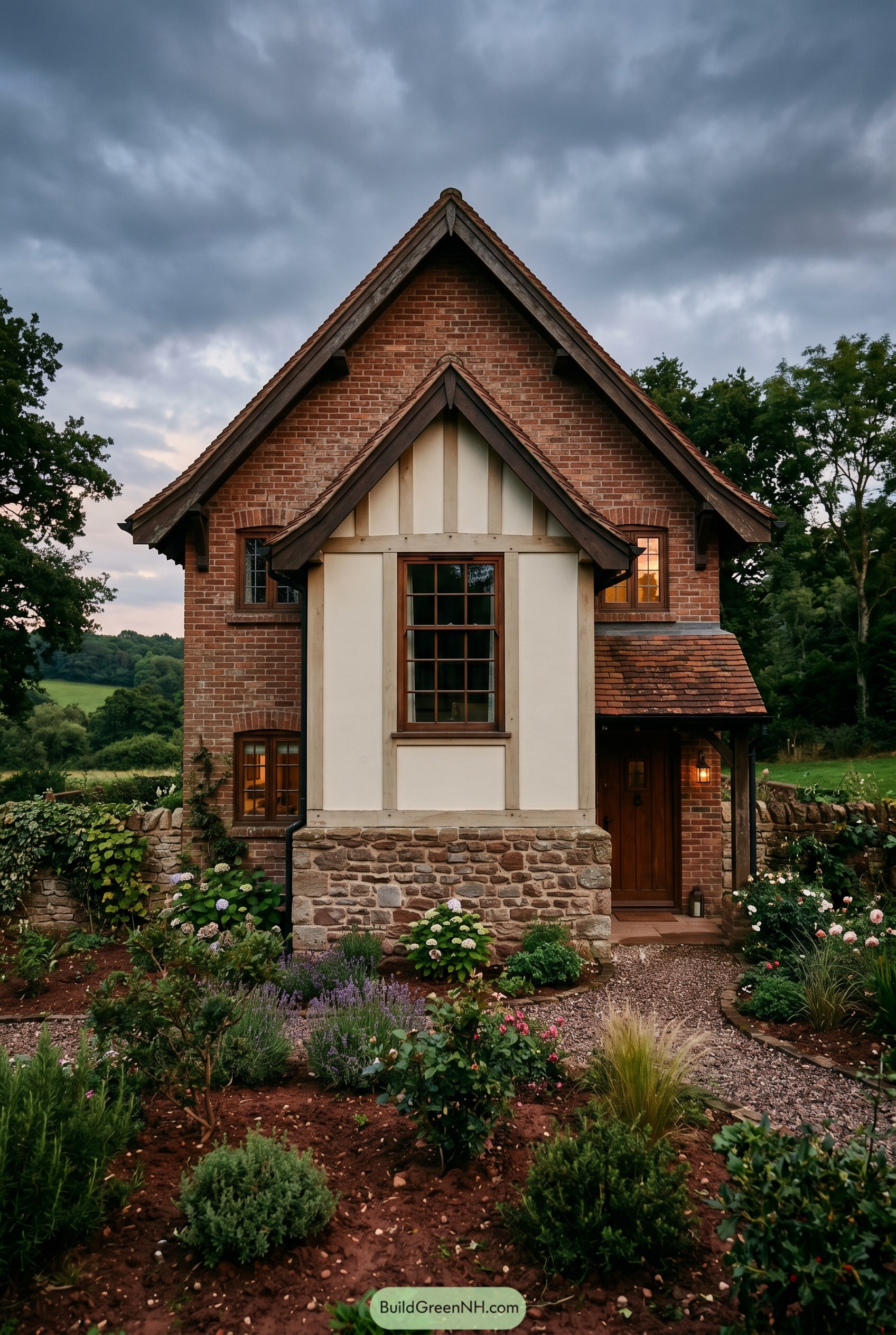 Brick cottage with steep gables and garden
