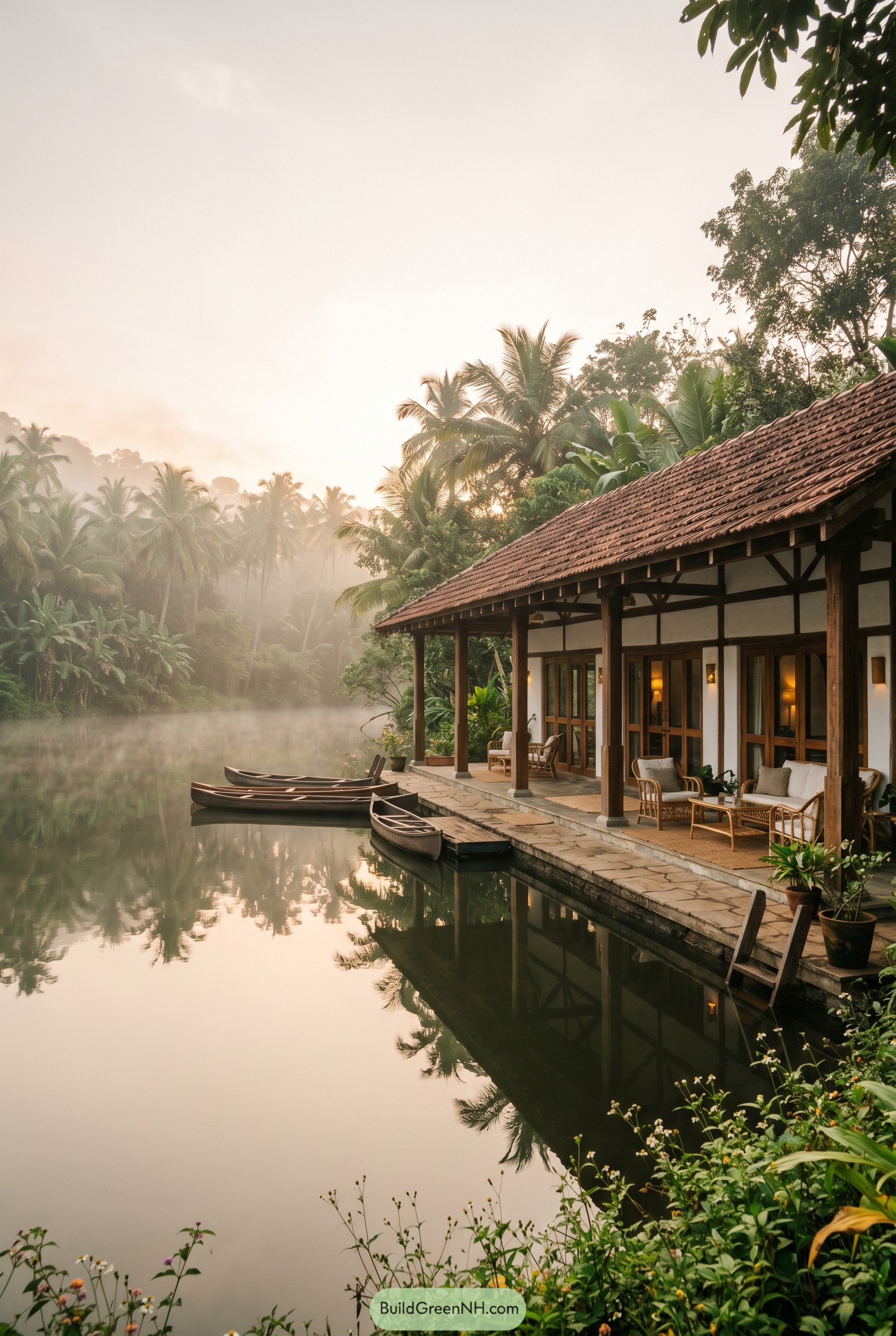 Lakeside farmhouse with tiled roof and canoes