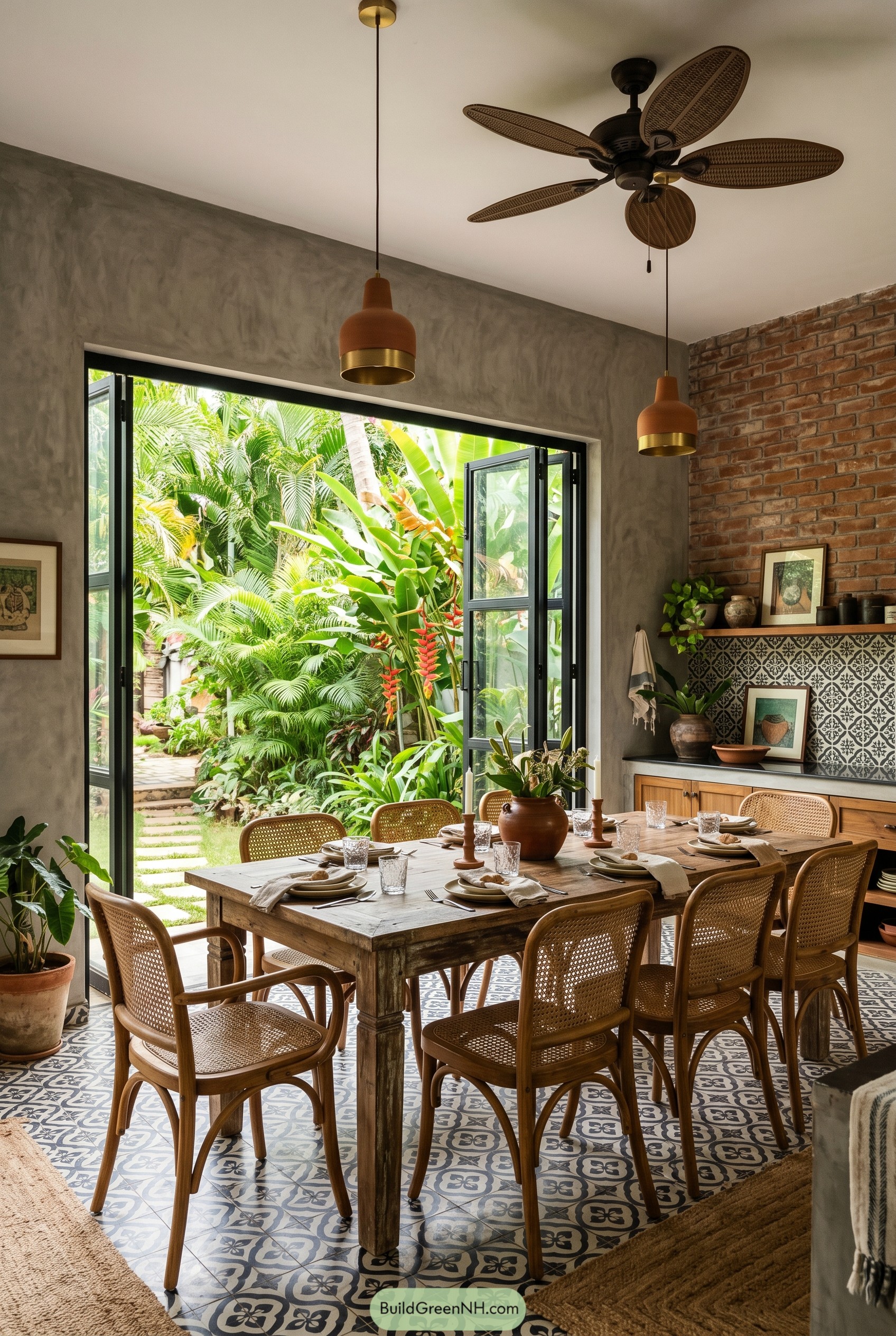 Modern farmhouse dining room with cane chairs and garden views