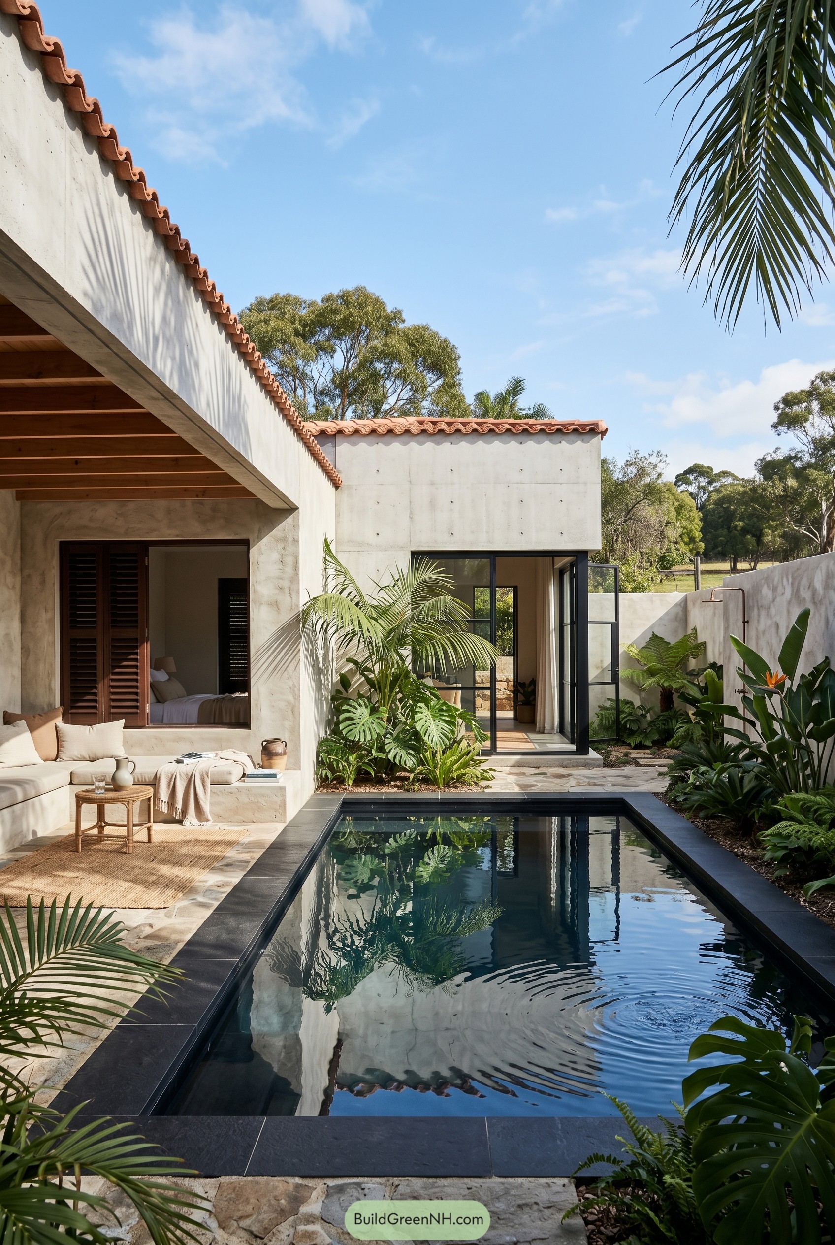 Tropical farmhouse courtyard with pool
