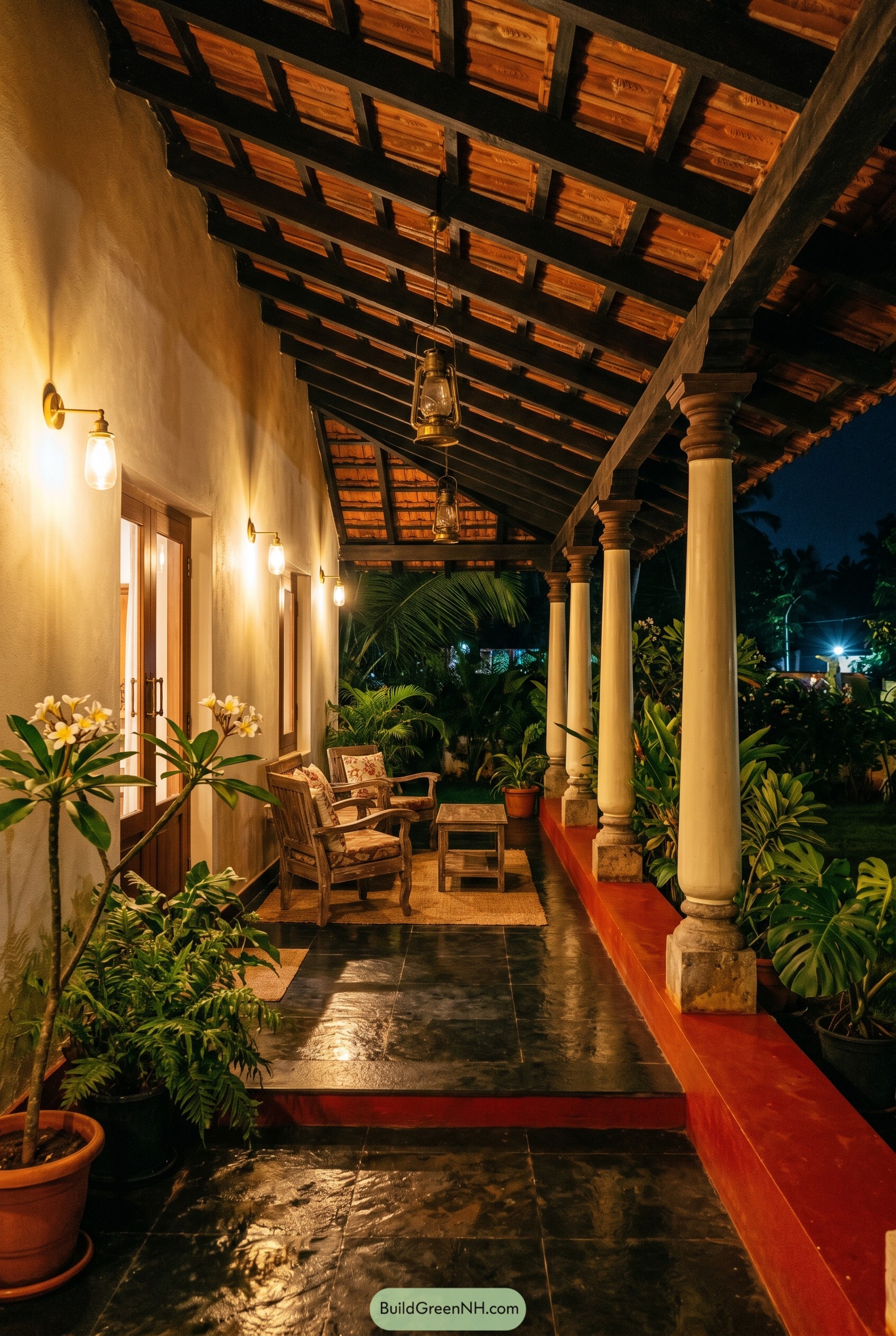 Covered farmhouse veranda with tiled roof and columns