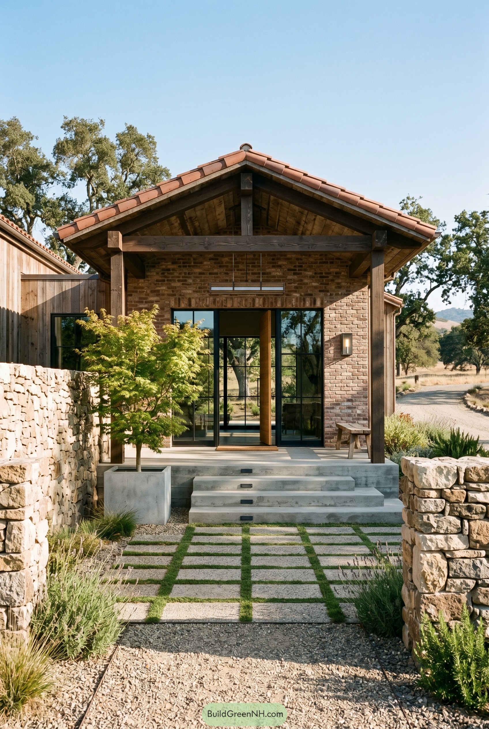 Brick farmhouse entry with terracotta gable roof