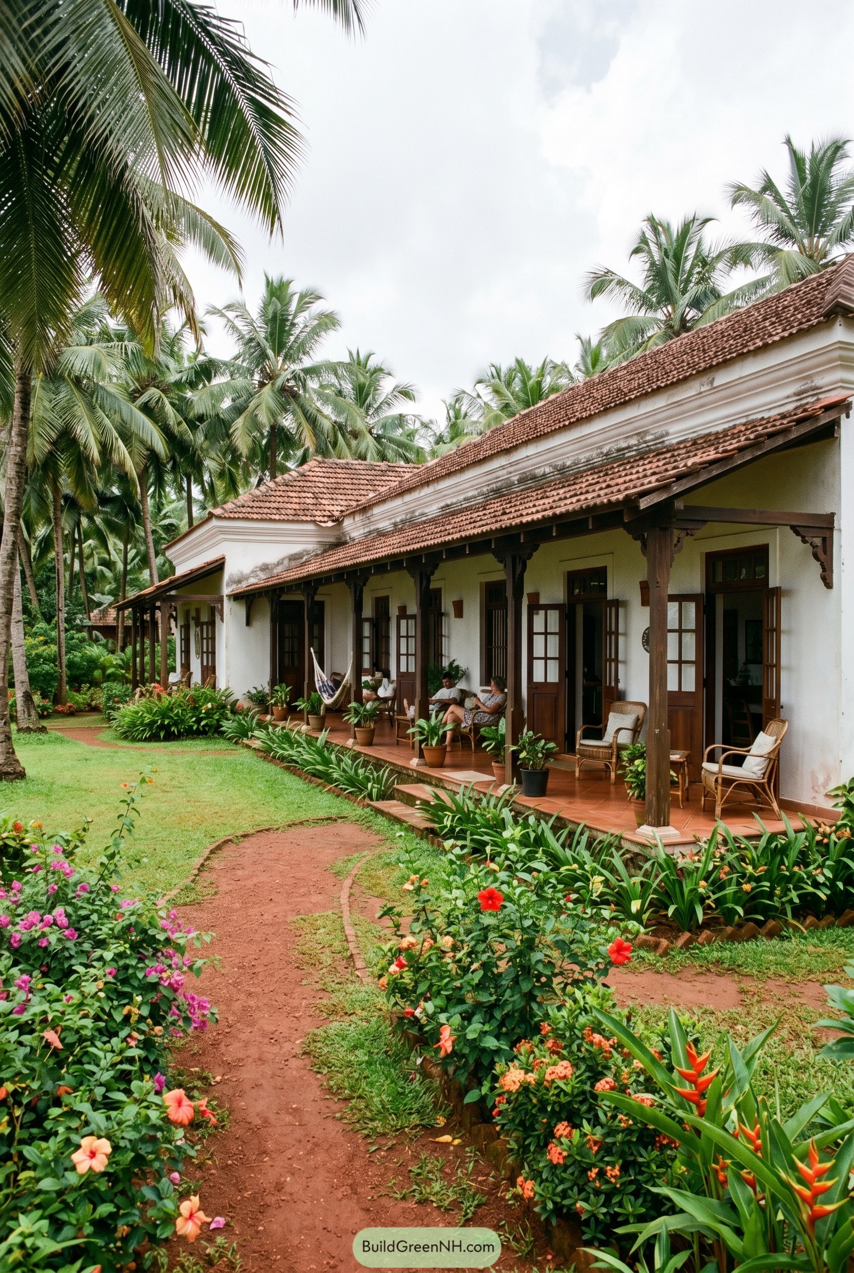White farmhouse with tiled veranda in tropical garden